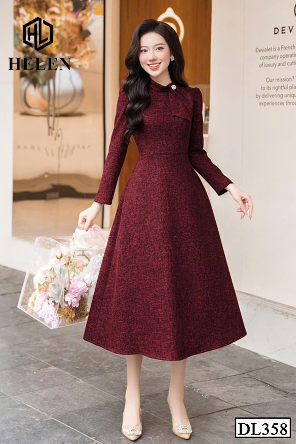 Đầm xoe dạ đỏ đô cổ nơ lệch tay dài DL358