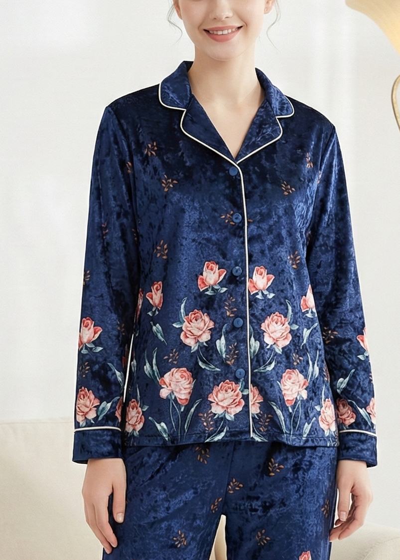 Bộ mặc nhà Vải nhung dày Hoạ tiết hoa cách điệu Cổ bẻ Tay dài Dài đến mắt cá chân_thumbnail_4