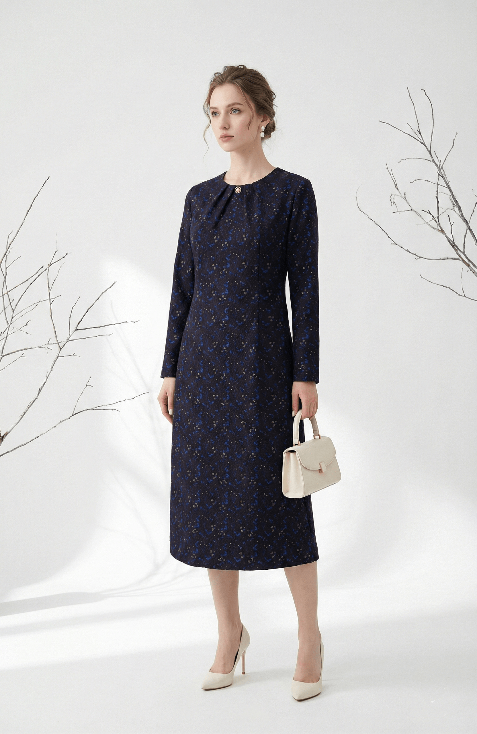 Váy Đầm Suông Vải len giả ren Hoạ tiết hoa văn ren chìm Cổ tròn cao Đính dây ren cườm Tay dài Dài ngang bắp chân