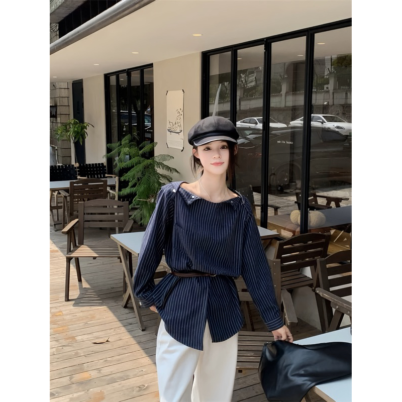 [Kèm dây lưng] Áo sơmi kẻ form suông đính cúc vai mặc được nhiều kiểu, áo sơ mi dài tay kèm dây lưng Logastore_142_thumbnail_2