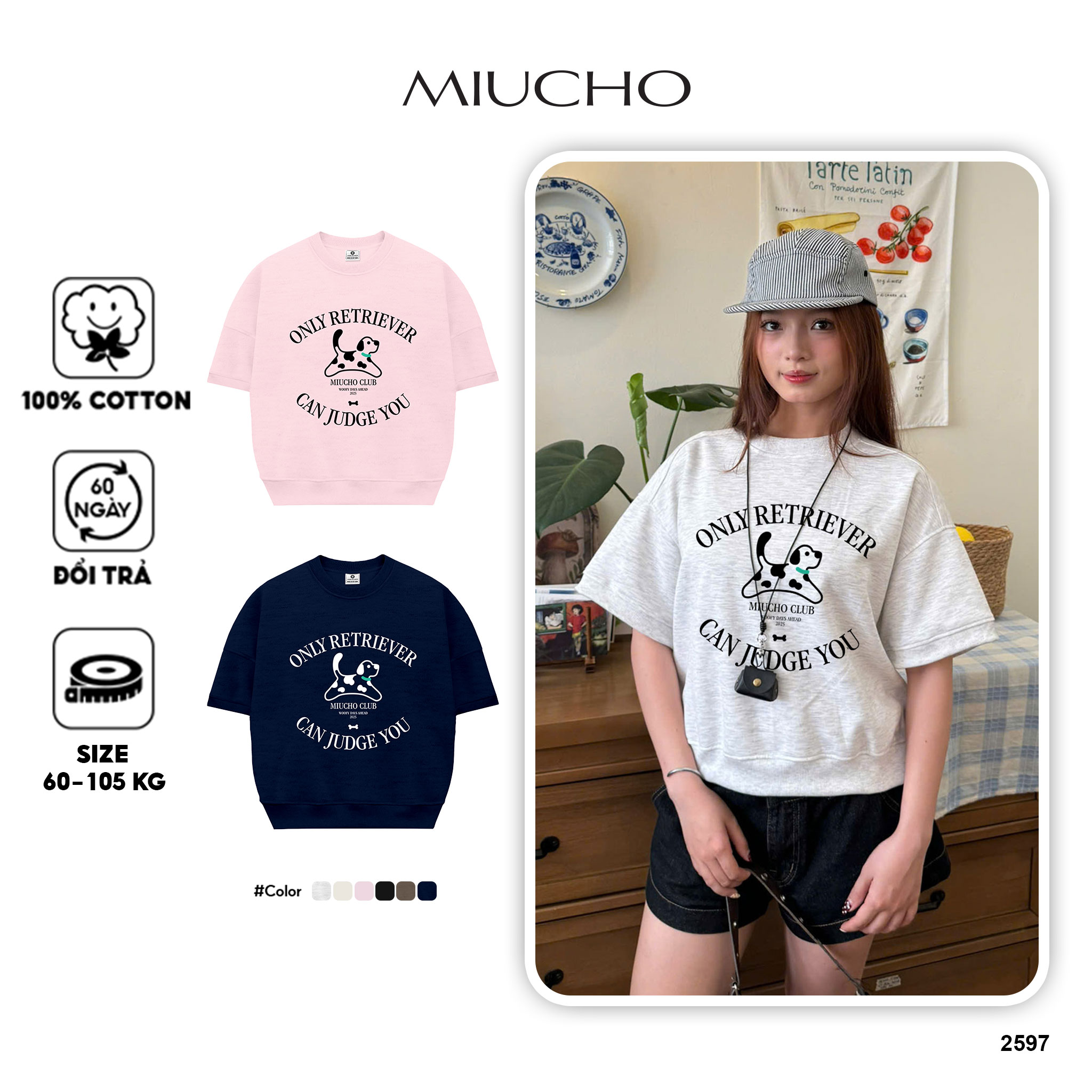 Áo sweater boxy tay ngắn phong cách Hàn Quốc 2597 Miucho vải nỉ 2 da thoáng mát cổ tròn in mix_thumbnail_1