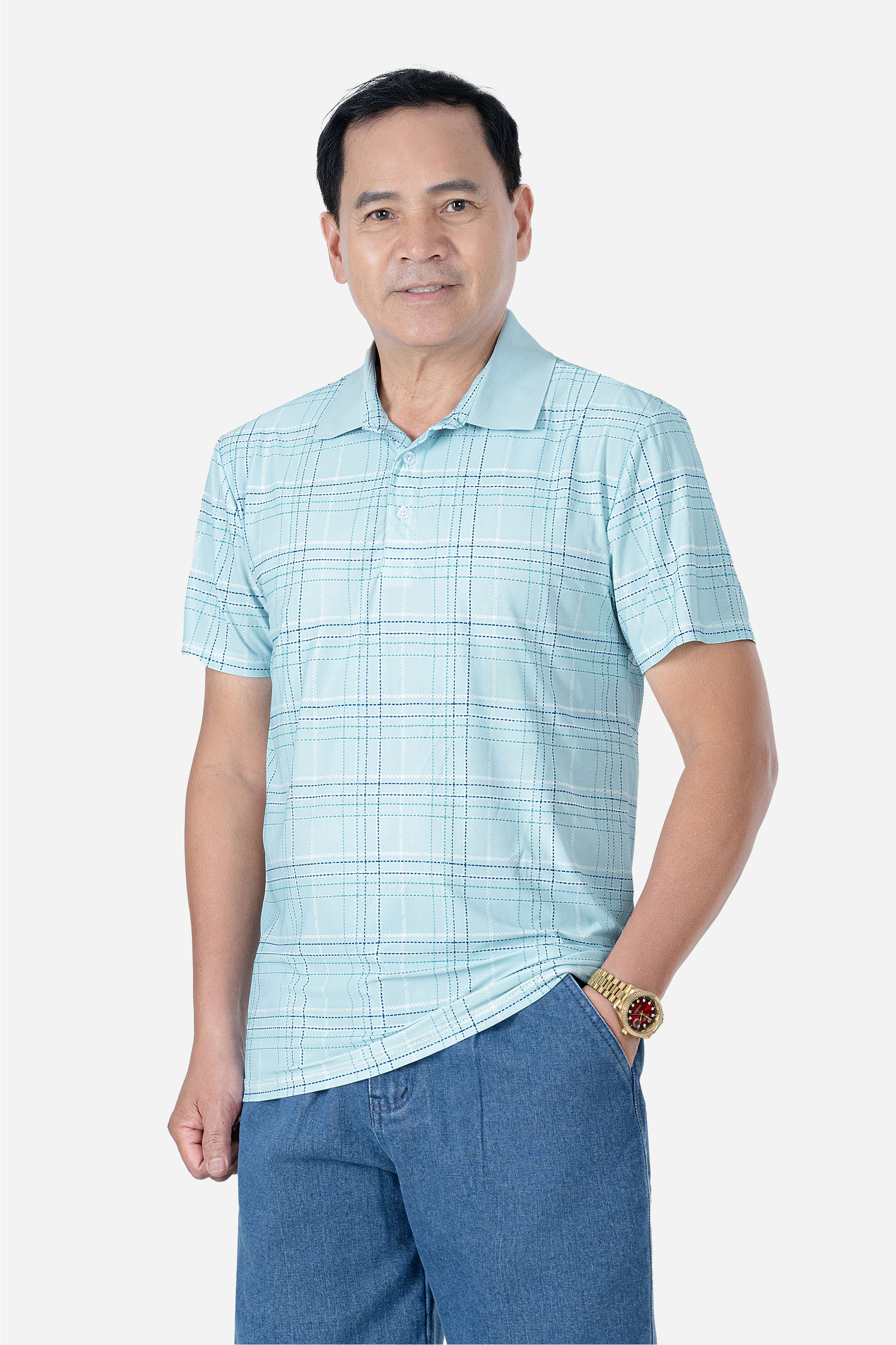 Áo Polo Kẻ Nam Trung Niên ANCHI Chất Liệu Cotton Mĩ Cao Cấp Phom Suông Vạt Ngang Màu Rêu Nhạt_thumbnail_16