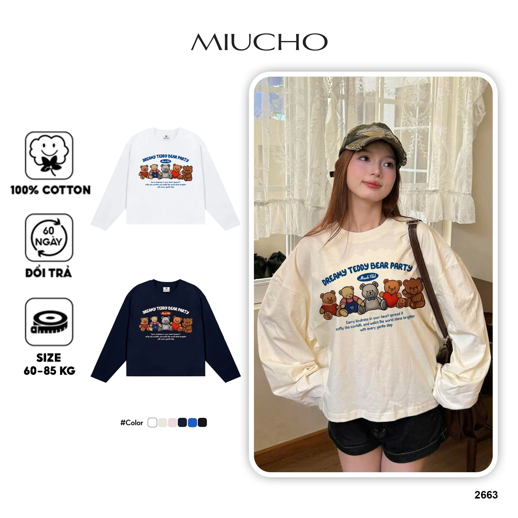 Áo thun boxy tay dài Miucho cotton 2 chiều thoáng mát cổ tròn chuẩn form hình gấu in mix 2663