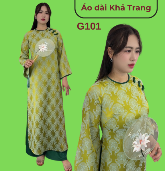 Áo dài Gấm dáng Suông G101 màu xanh cốm cổ tròn khít tay loe