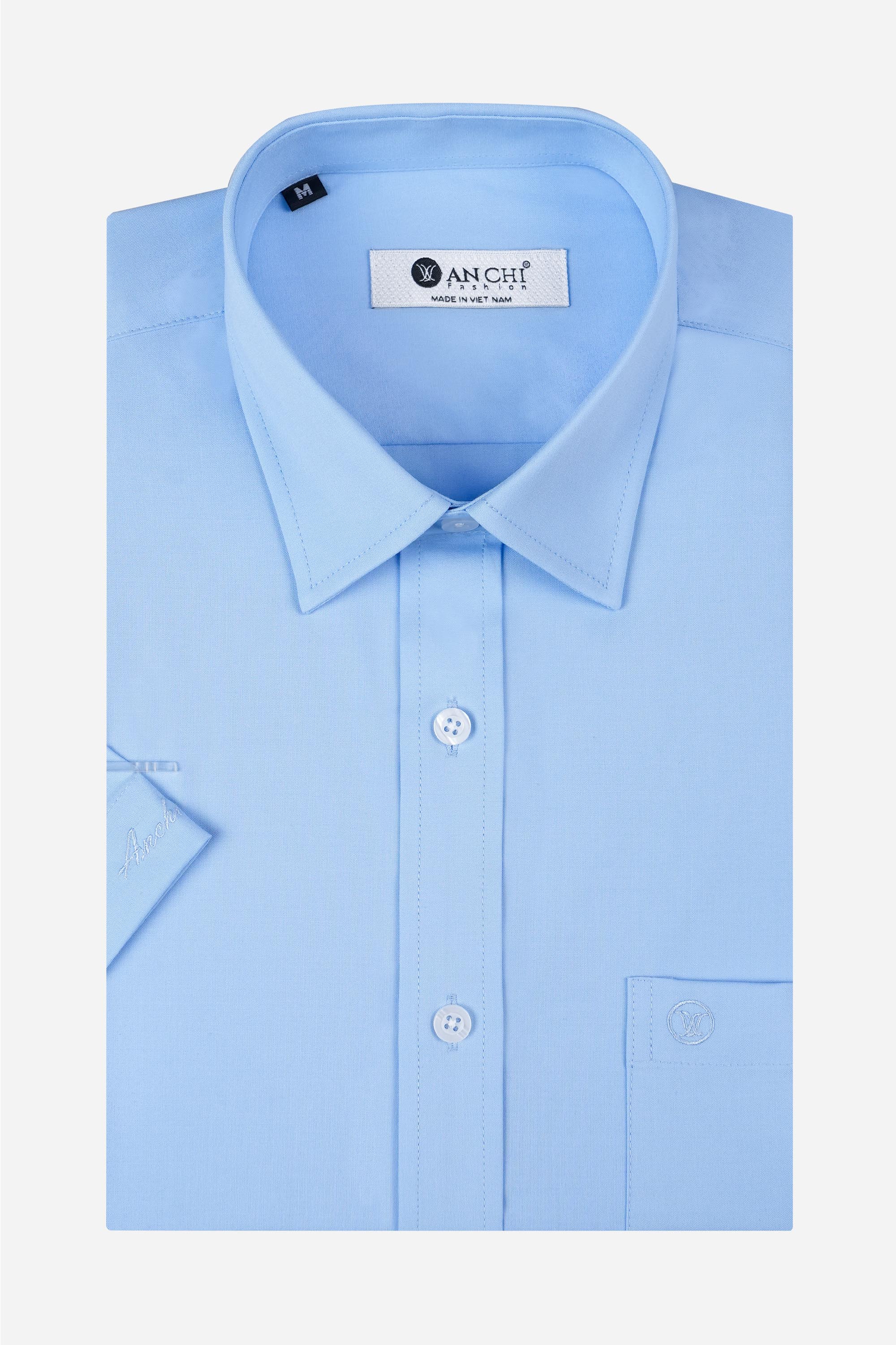 Áo Sơ Mi Trơn Cộc Tay Nam Trung Niên ANCHI Chất Liệu Sợi Gỗ Thoáng Mát Màu Xanh Lơ