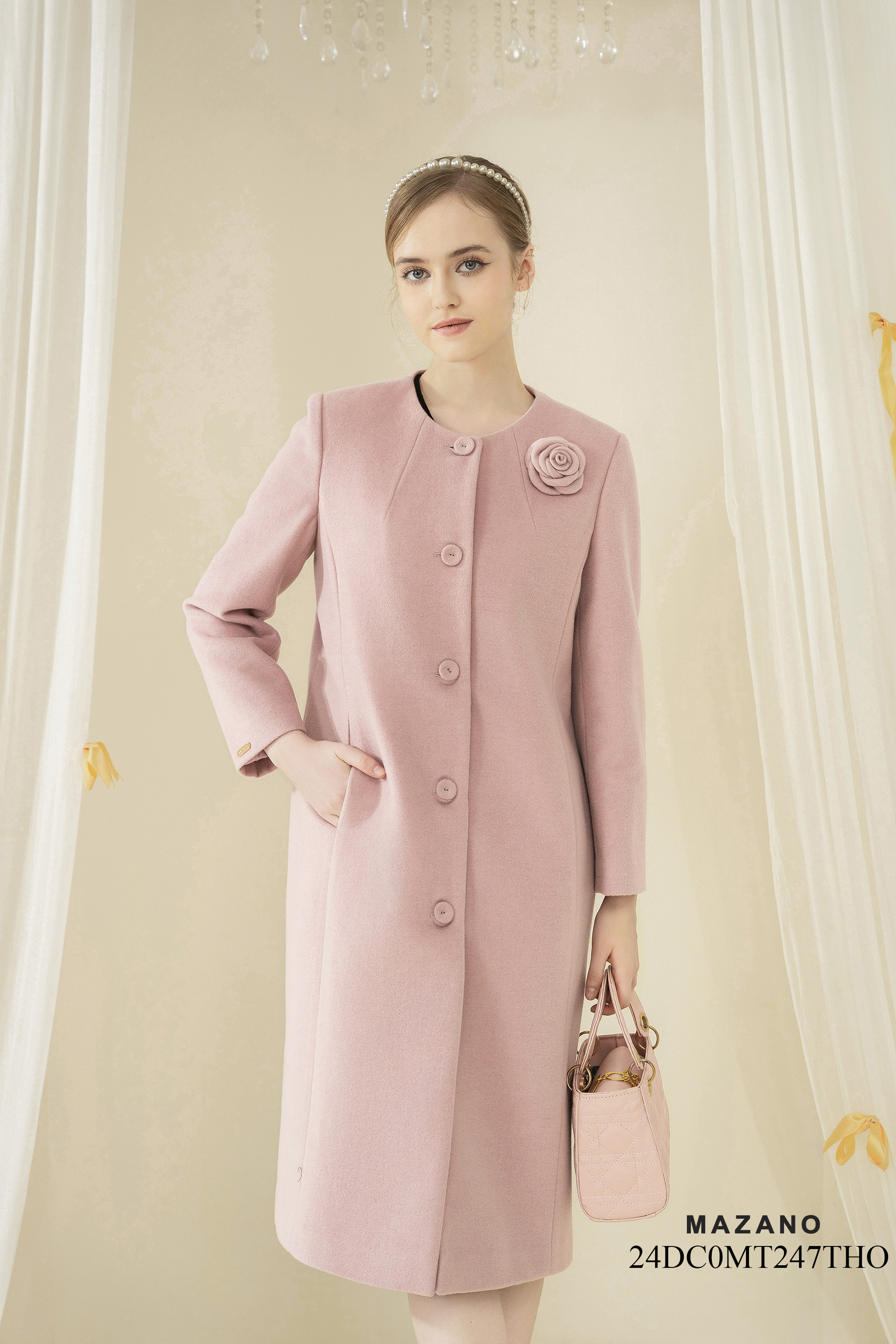 Áo dạ măng tô Suông Vải dạ lông cừu Đính hoa thủ công Cổ tròn Dài dưới eo_thumbnail_4