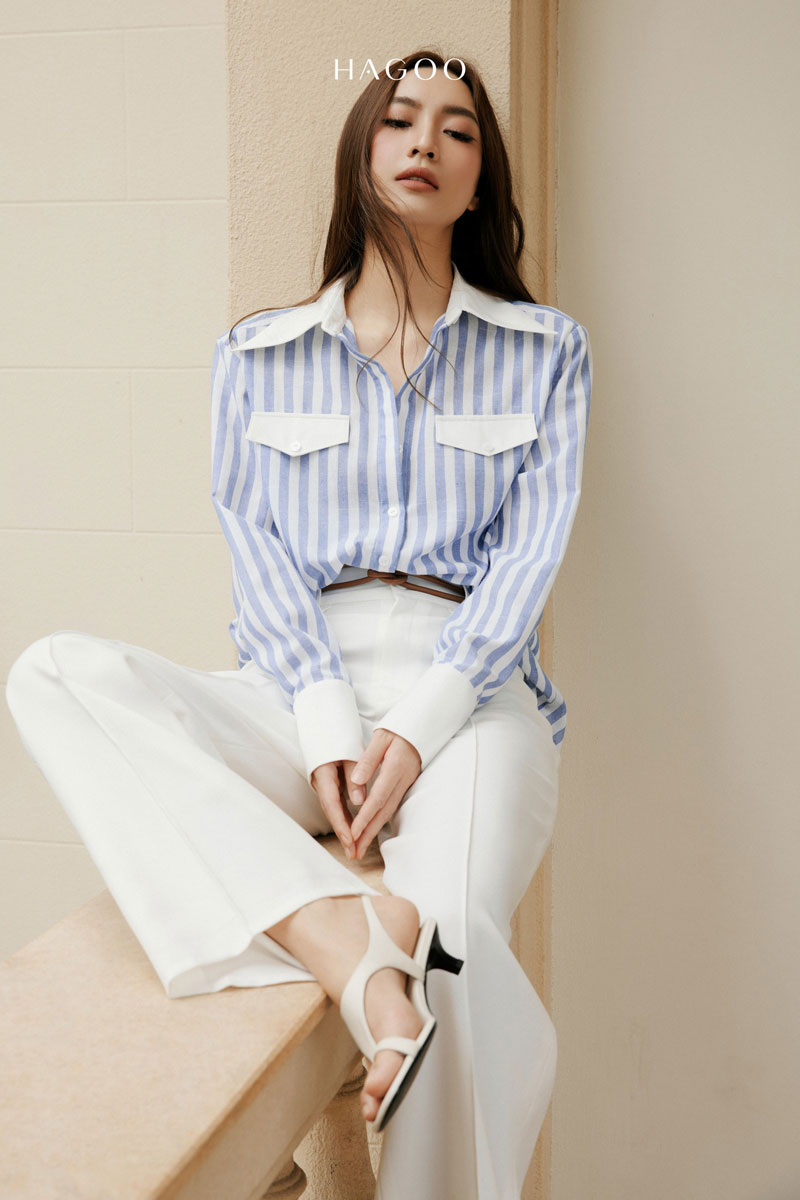 Áo sơ mi kẻ sọc chất liệu linen phối xanh trắng HAGOO