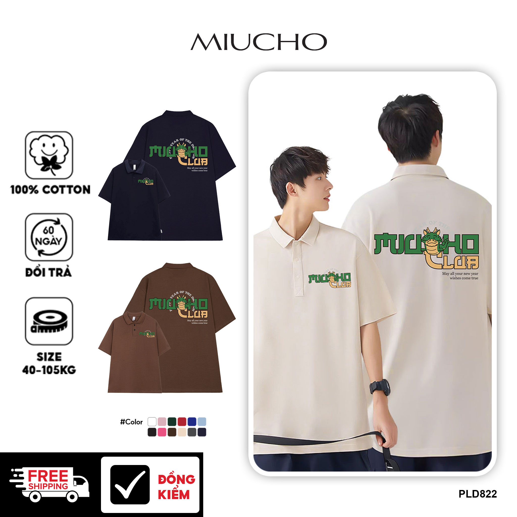 Áo polo form rộng nam basic nhiều màu PLD822 Miucho Man tay ngắn vải cotton Cổ trụ in typography_thumbnail_1