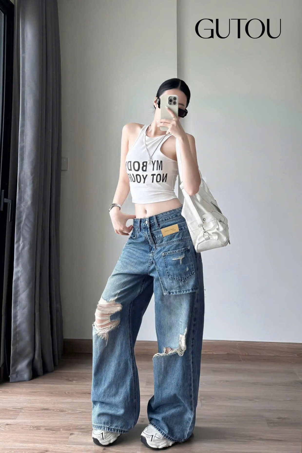 [ GUTOU ] Quần Jean Suông Rách Gối Rebel Denim_thumbnail_1
