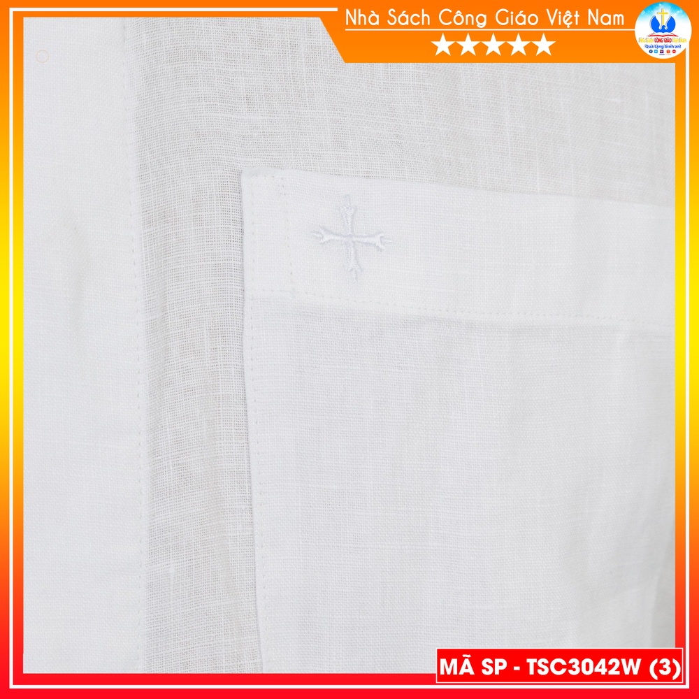 Áo Sơ Mi cổ côn linh mục ngắn tay cotton màu trắng TSC3042W - Quà tặng  Lễ quan thầy, truyền chức, sinh nhật cha xứ
