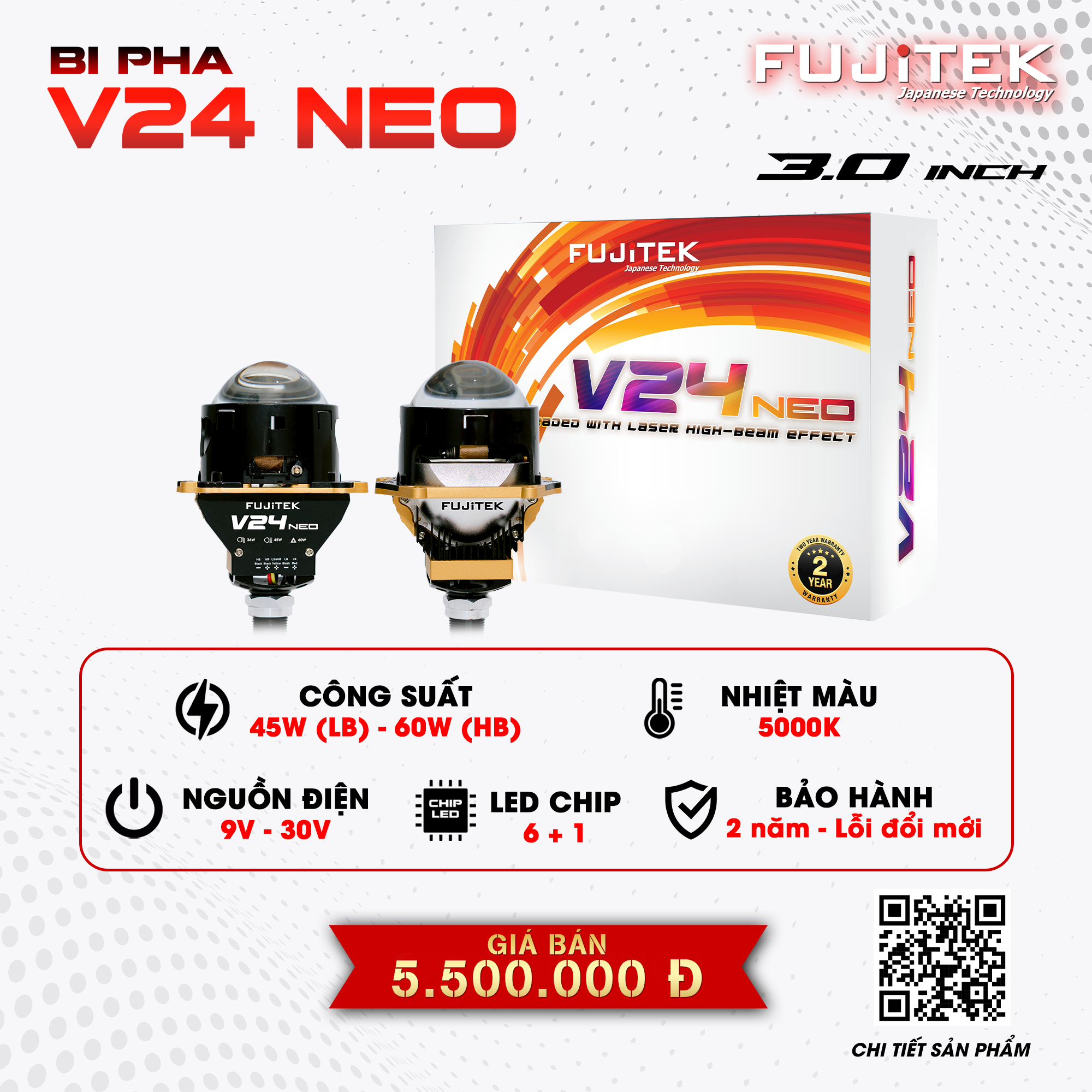 Fujitek V24 NEO Đèn bi Led hiệu suất cao với Chip Led 6+1