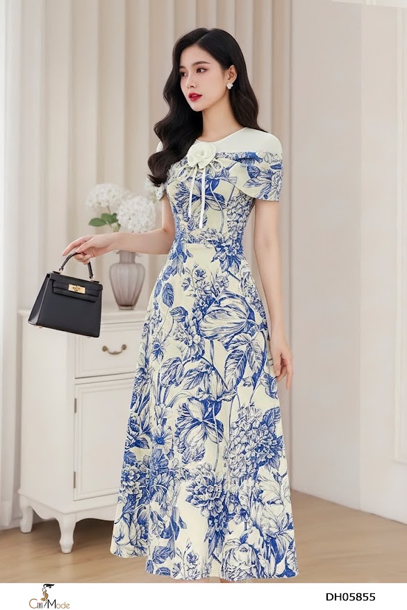 Đầm xòe hoa xanh ,cổ tròn phối trắng+ tà bong che bắp tay,_thumbnail_2