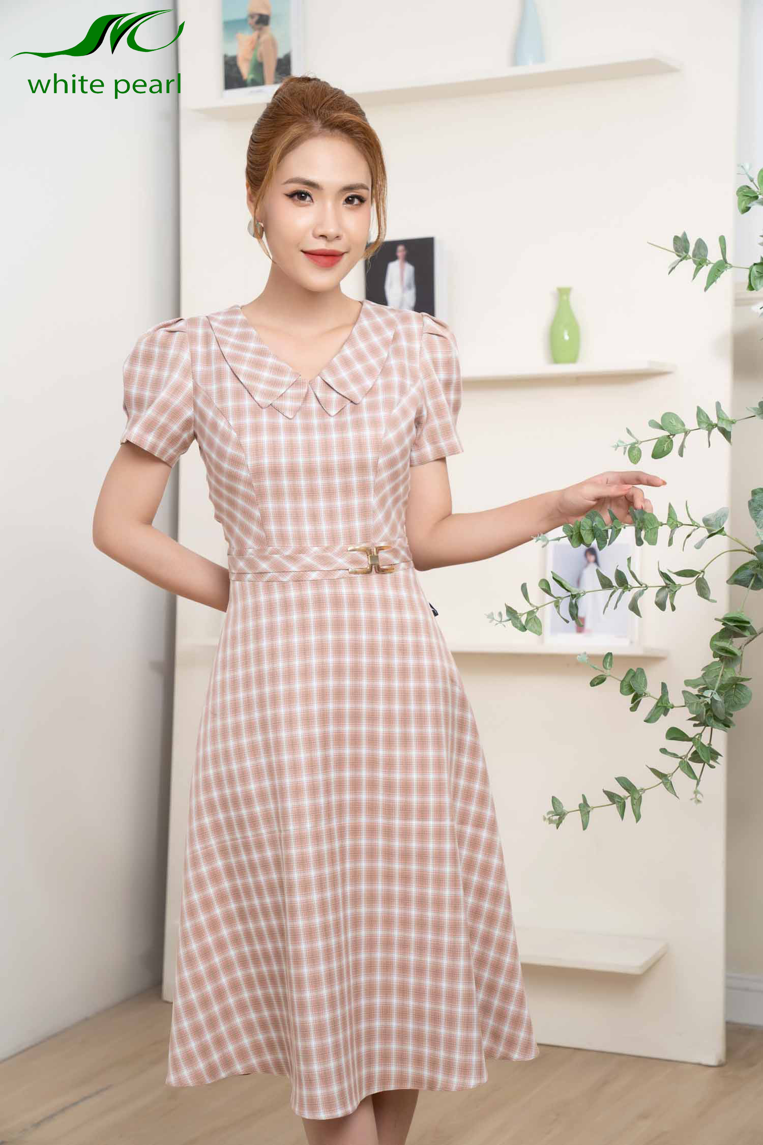 Đầm sen vuông 2 lá kẻ thời trang công sở cao cấp White Pearl_thumbnail_6