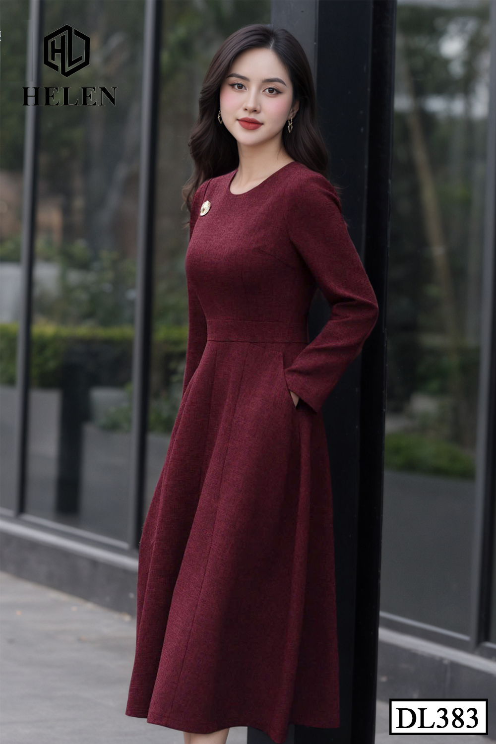 (Pre-order) Đầm dạ đỏ cổ tròn tay dài DL383