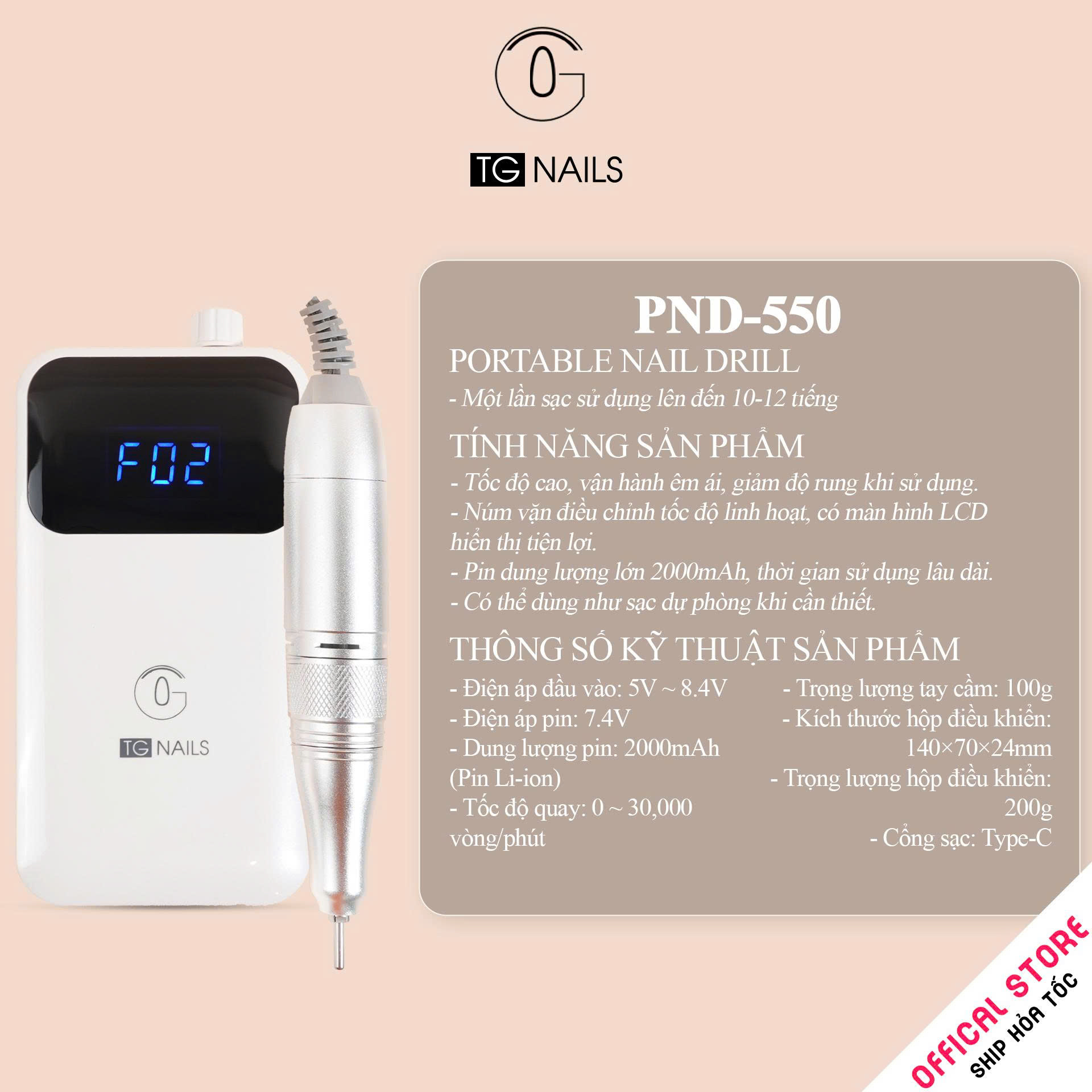 Máy mài móng tay tích điện TG NAILS model PND550