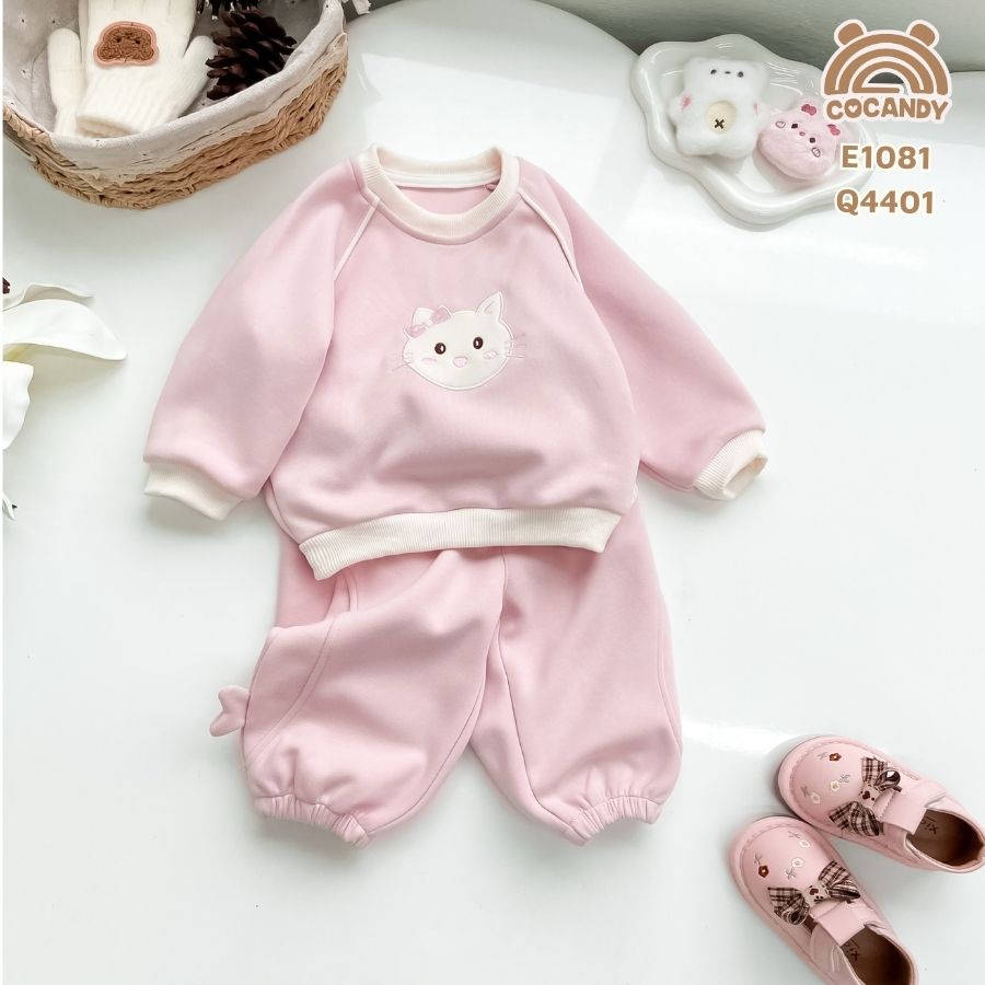 Áo dài nỉ HỒNG họa tiết mèo