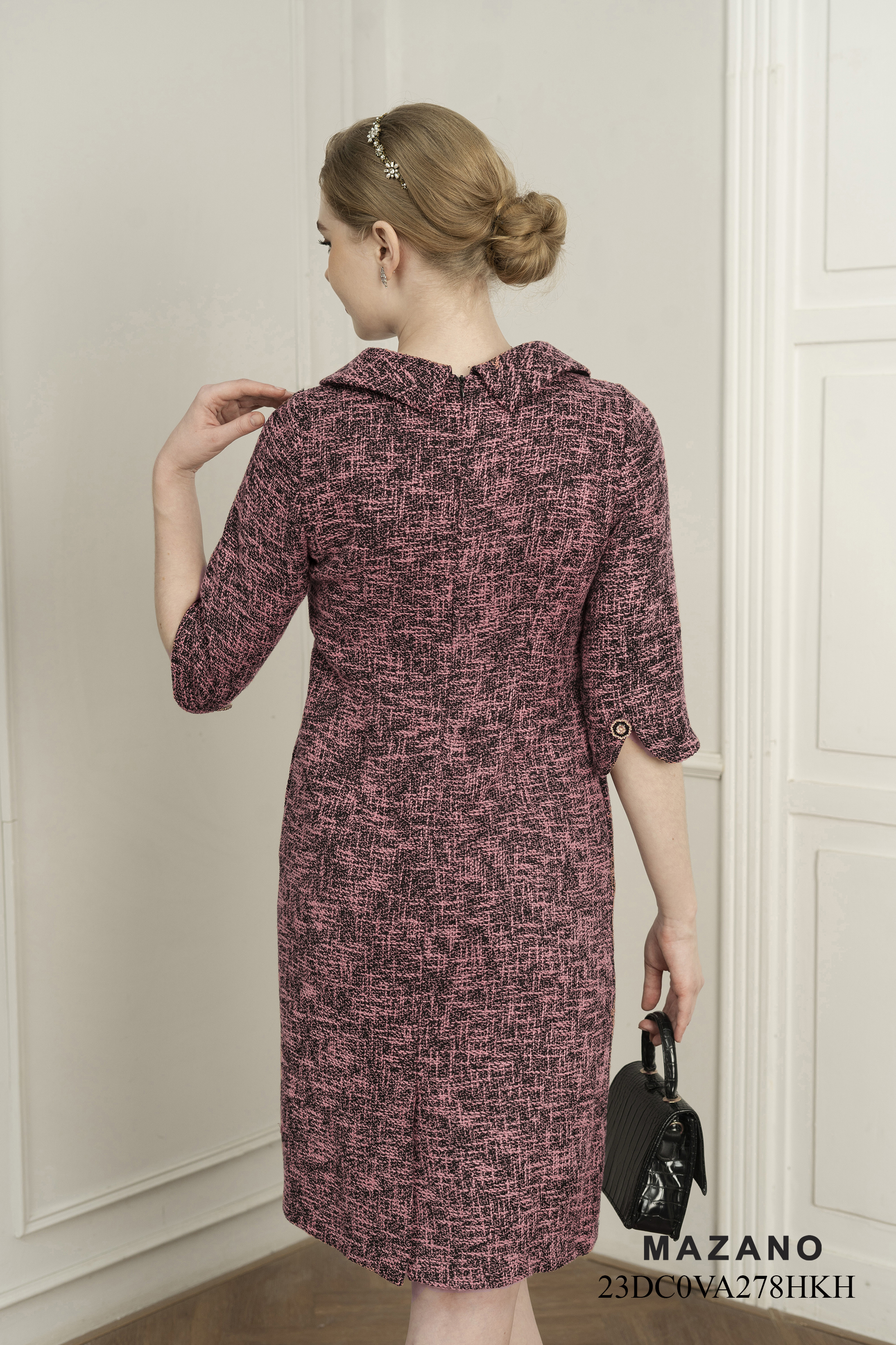 Váy Đầm Suông Vải dạ tweed Cổ bẻ cách điệu Tay lỡ Dài qua gối_thumbnail_3