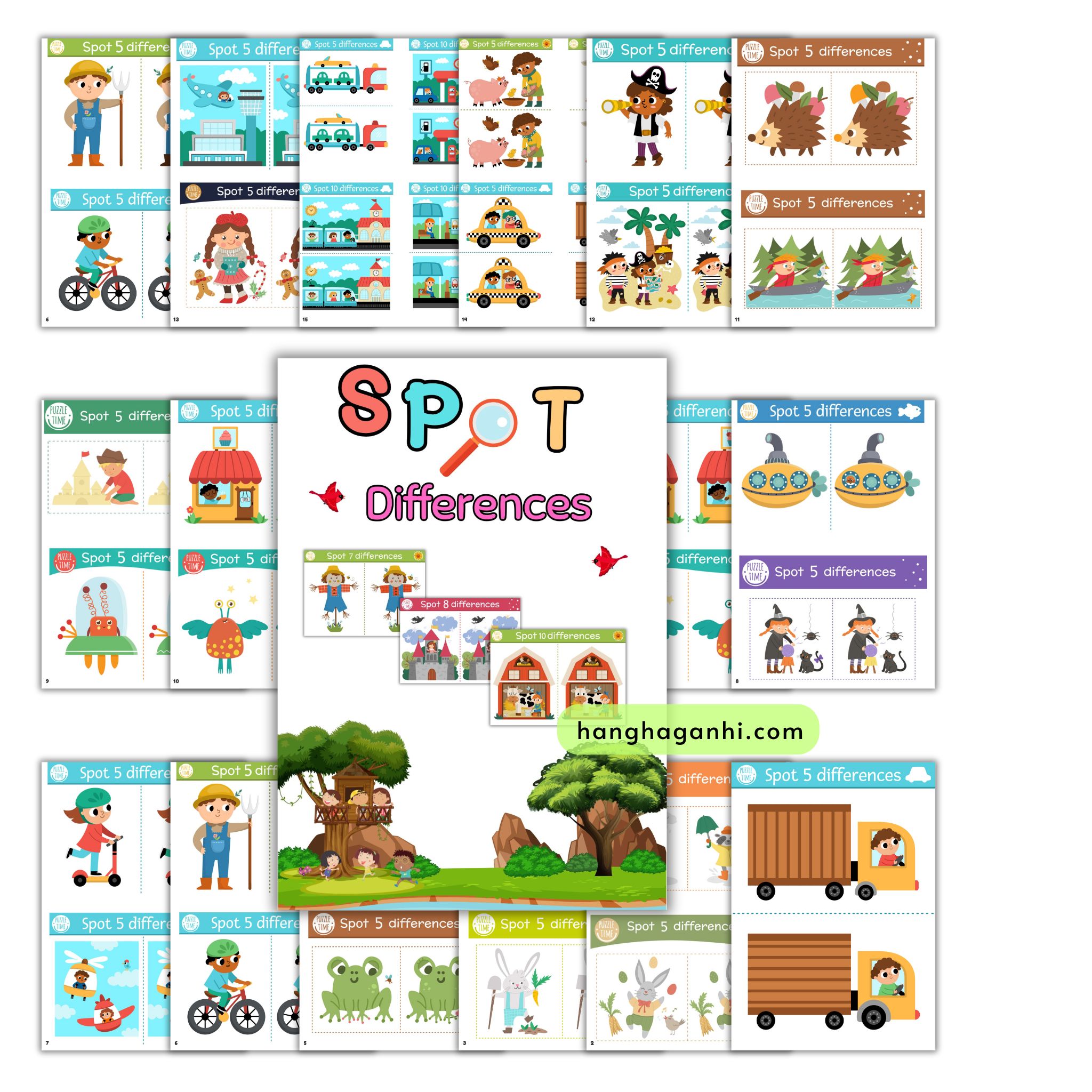Học liệu Spot the Differences, luyện tư duy tập trung tìm điểm khác biệt giữa 2 bức tranh, ép plastic, tặng bút viết xóa_thumbnail_1