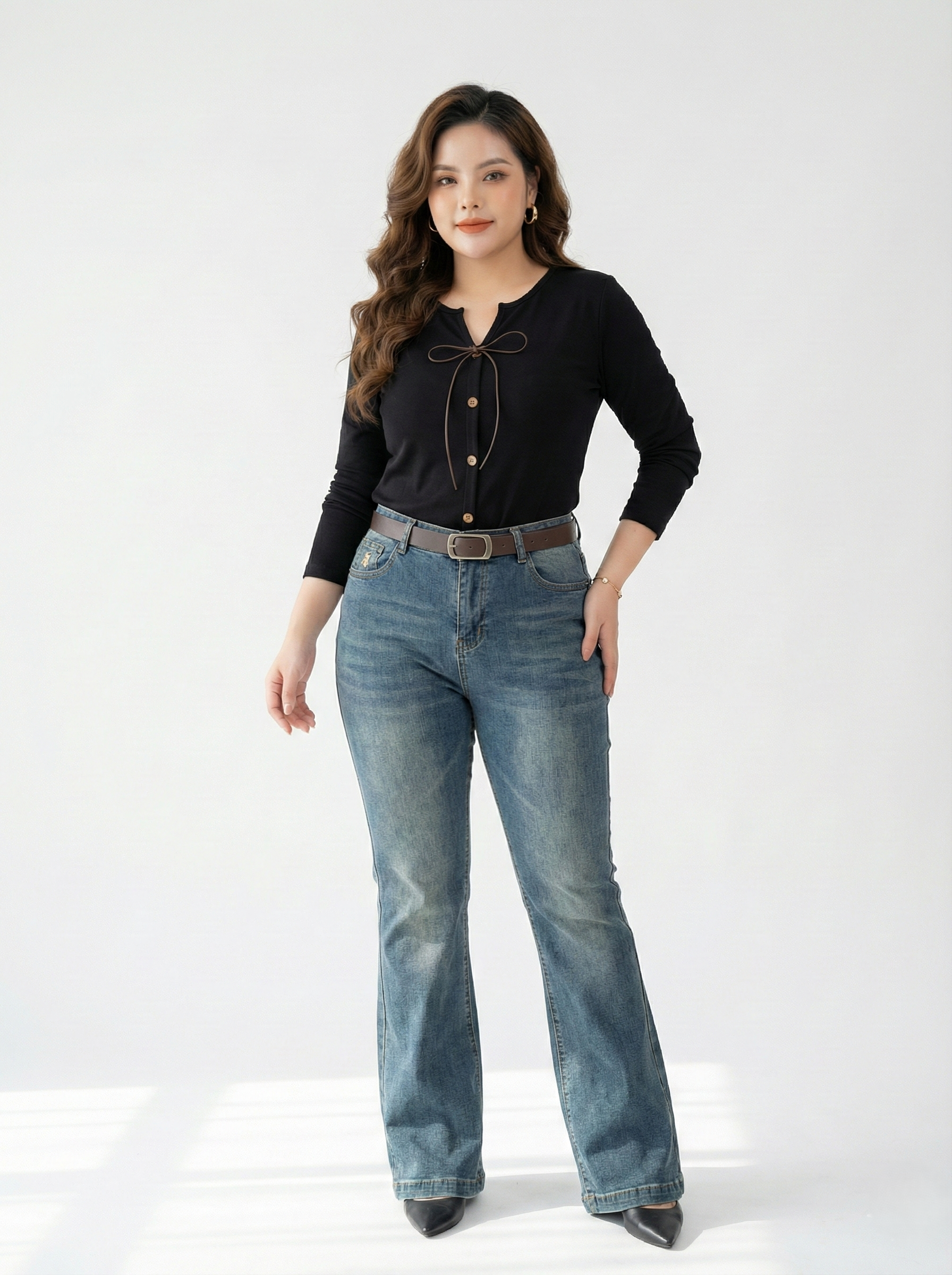 BIGSIZE NỮ - Áo thun tay dài phối nút gỗ T- AT9089