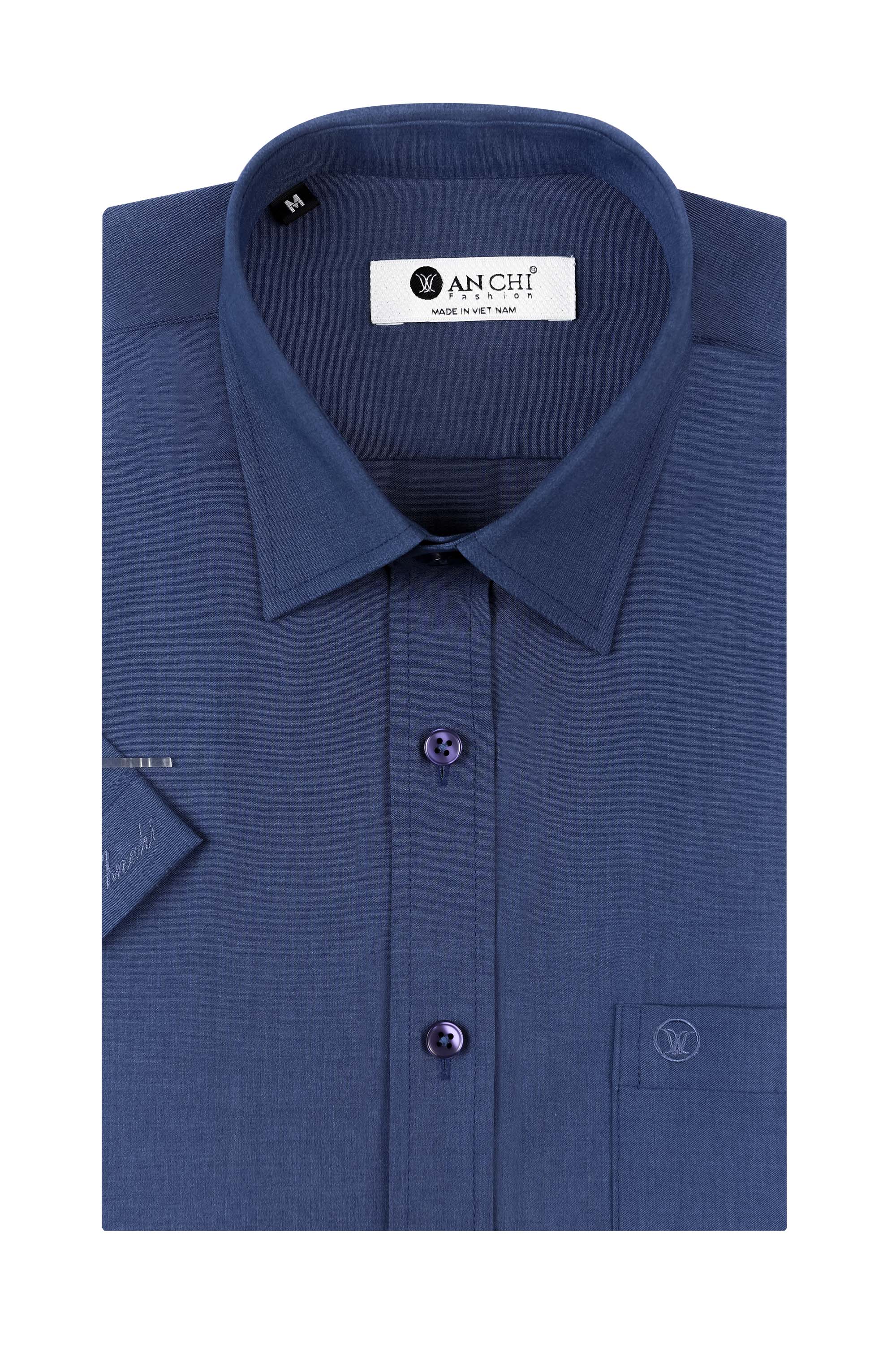 Áo Sơ Mi Trơn Cộc Tay Nam Trung Niên ANCHI Chất Liệu Sợi Gỗ Thoáng Mát Màu Xanh Than