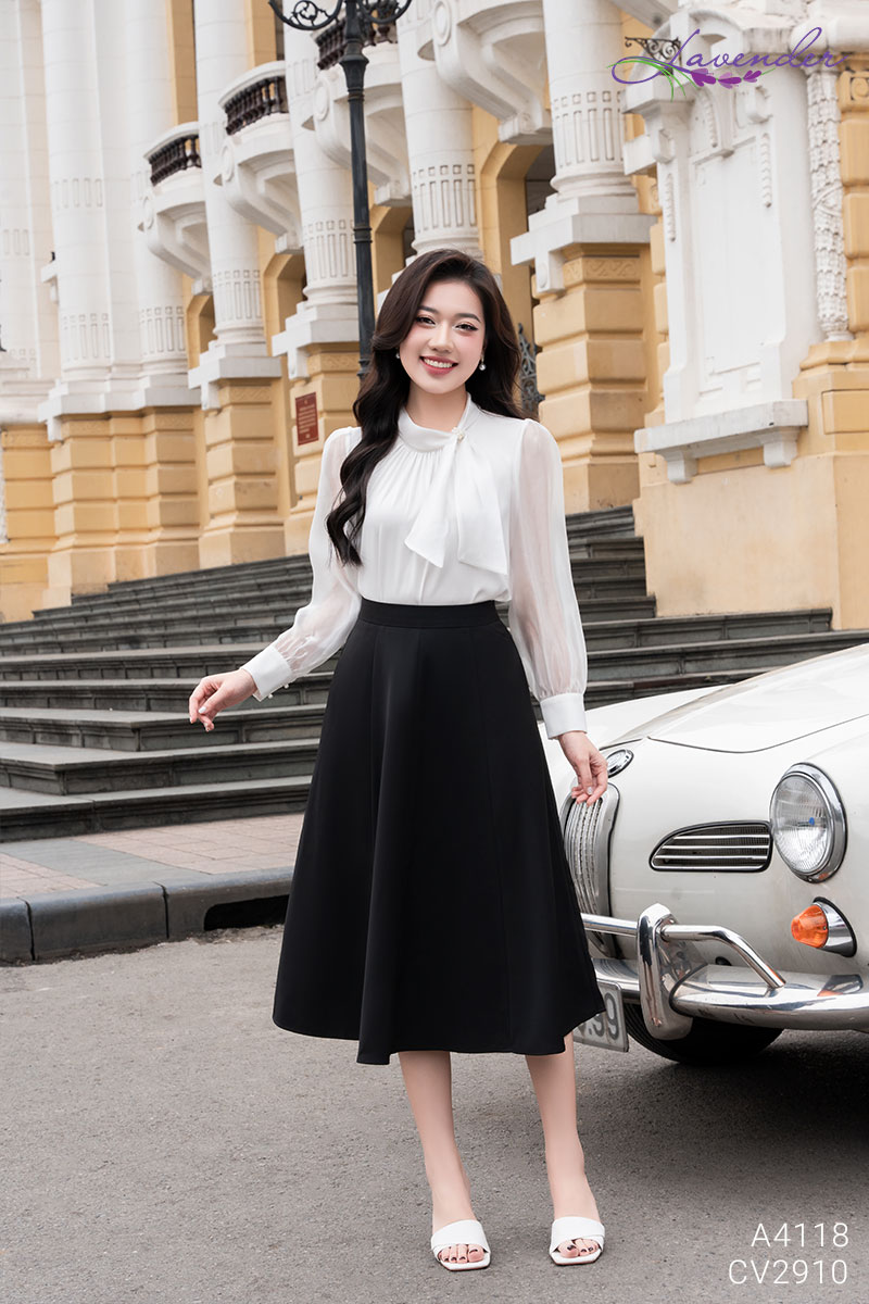 Set Áo sơ mi trắng cổ nơ lệch phối tơ A4118