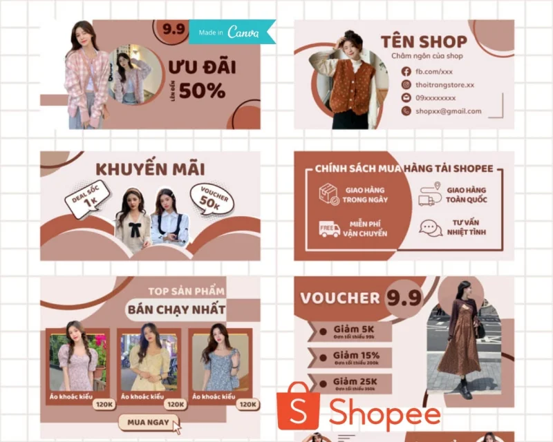 Bộ Templates Shopee Thời Trang Nâu – Canva Templates