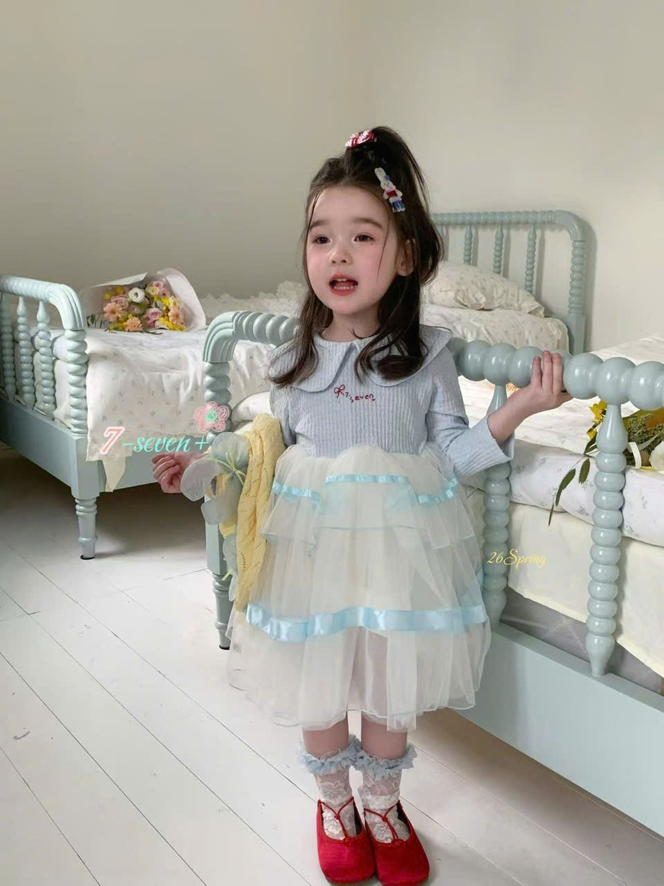 (H9) Váy voan cổ sen màu xanh liền chân váy trắng 7-Seven_thumbnail_0