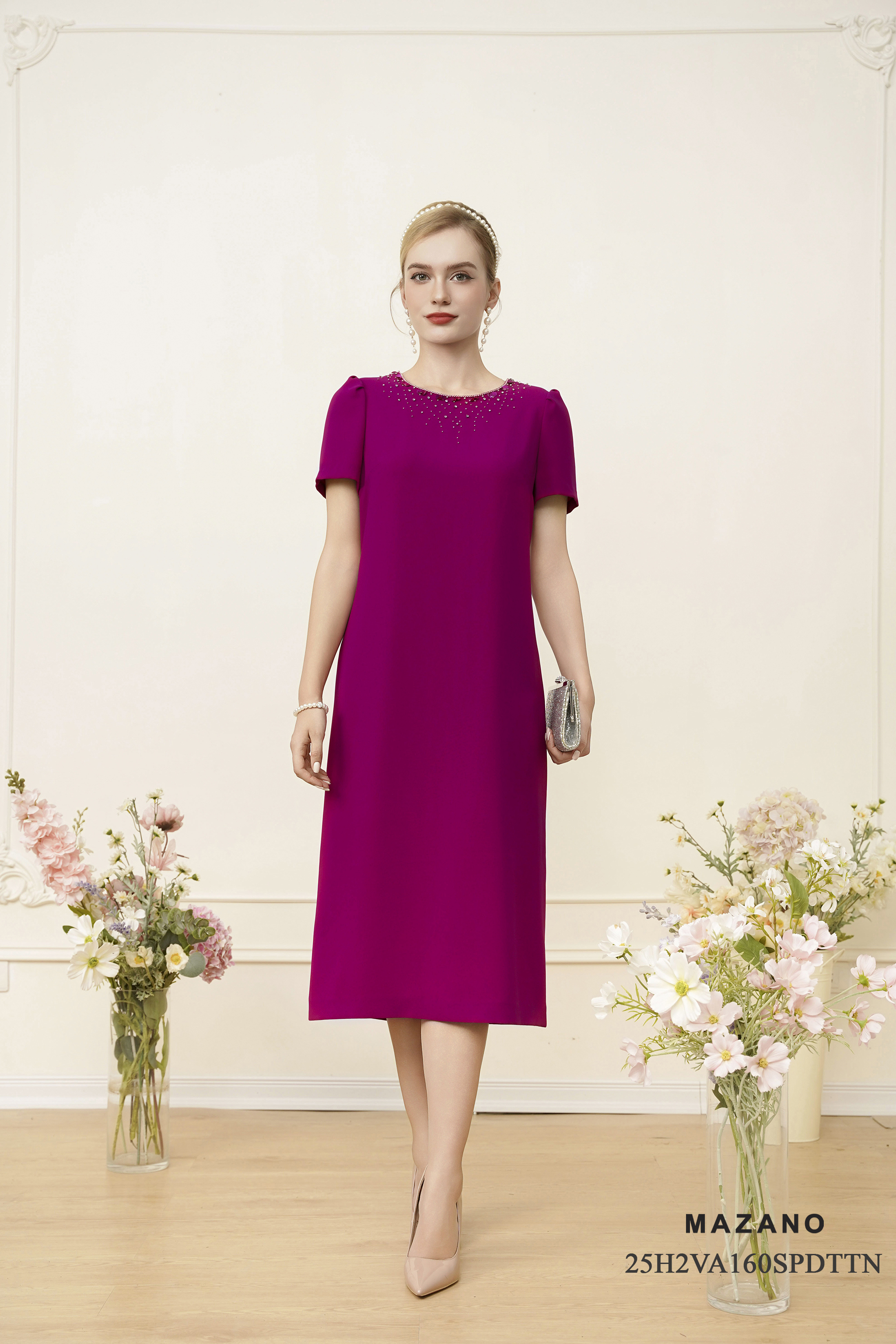 Váy Đầm suông vải thô Đính trang trí Cổ tròn tay ngắn Dài váy ngang bắp chân