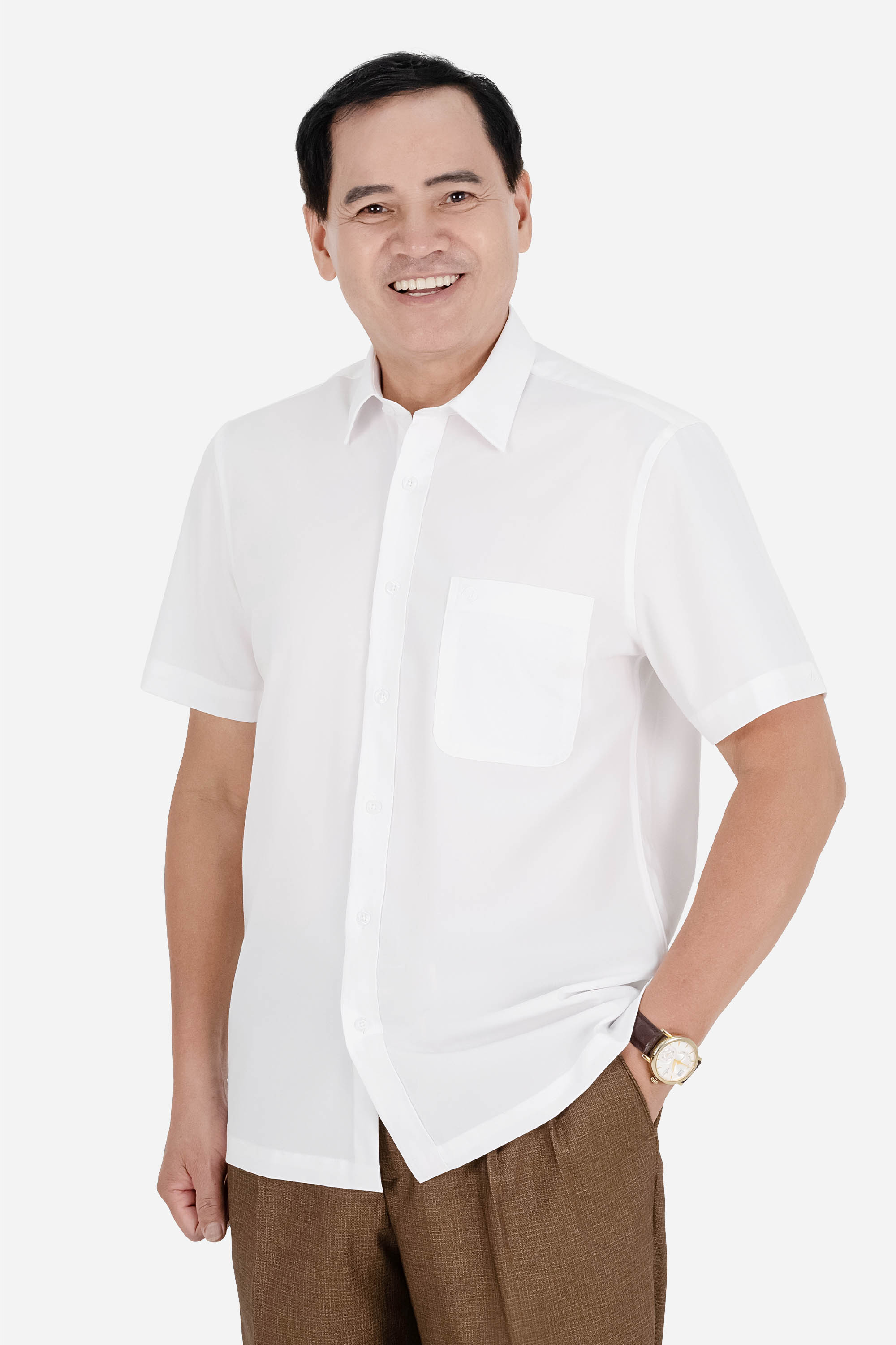 Áo Sơ Mi Trơn Cộc Tay Nam Trung Niên ANCHI Chất Liệu Sợi Gỗ Thoáng Mát Màu Trắng