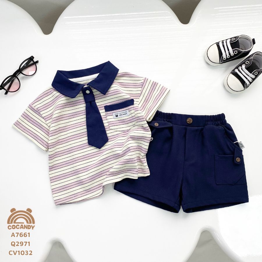 Áo cộc polo TÍM NHẠT kẻ ngang phối cổ X.THAN túi ngực COCANDY_thumbnail_1