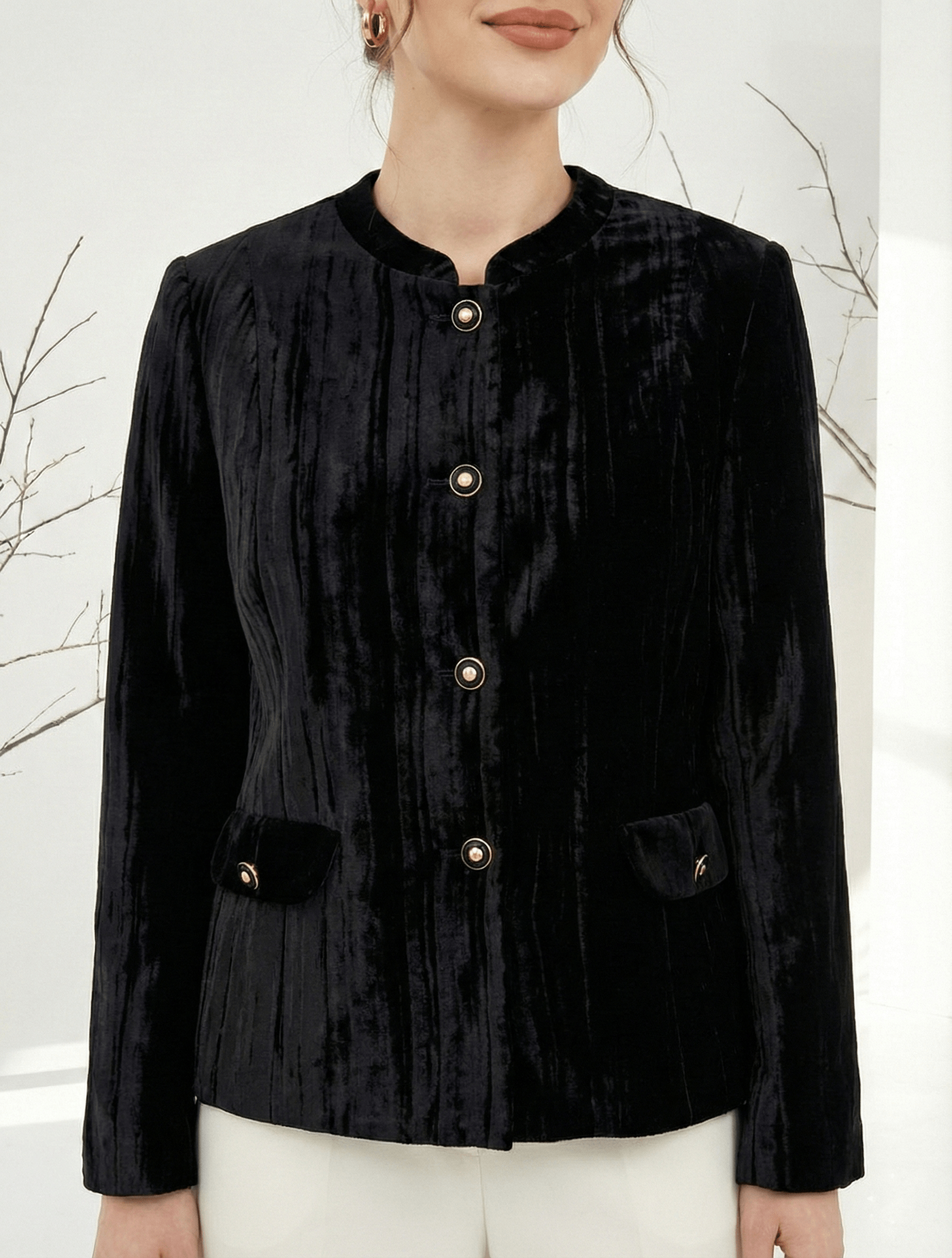 Áo khoác ngắn Suông Vải nhung gân Cổ tàu cách điệu Dài dưới eo_thumbnail_3