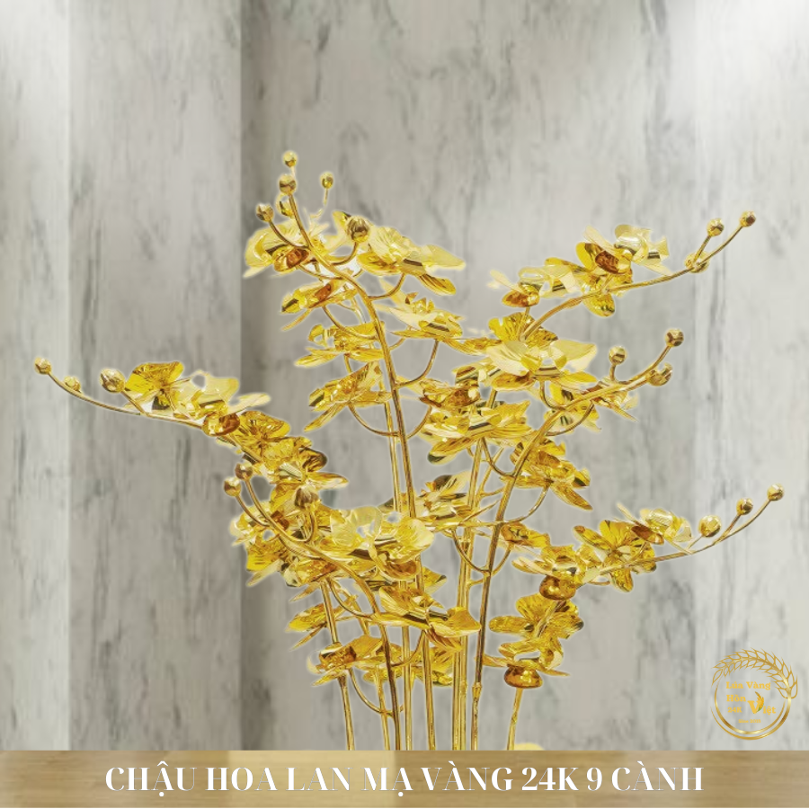 HOA LAN ĐỒNG MẠ VÀNG CHẬU GỐM XANH 9 CÀNH_thumbnail_1
