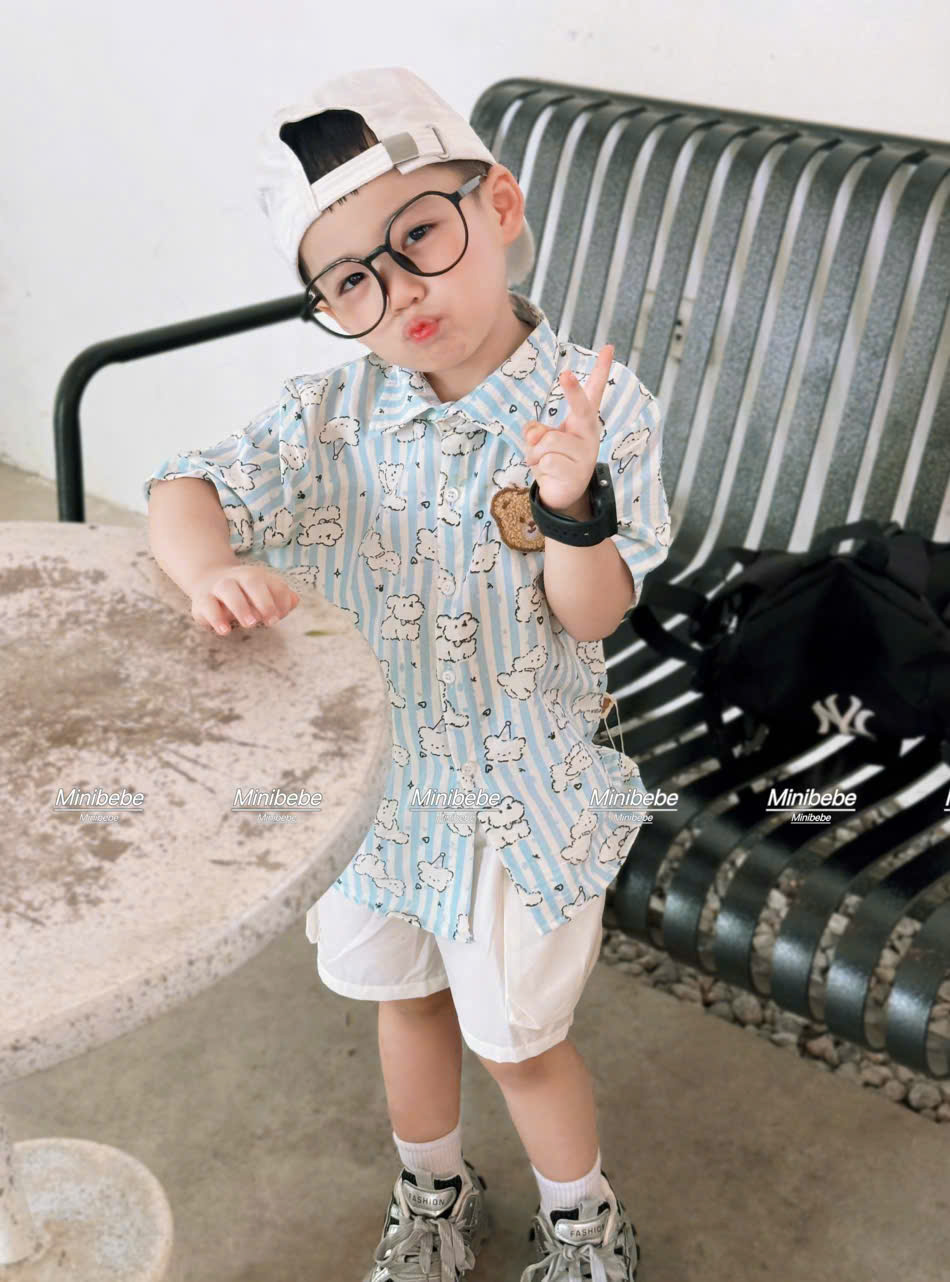 E94 BỘ SƠ MI SỌC XANH FULL CHÓ GẤU- A108.304