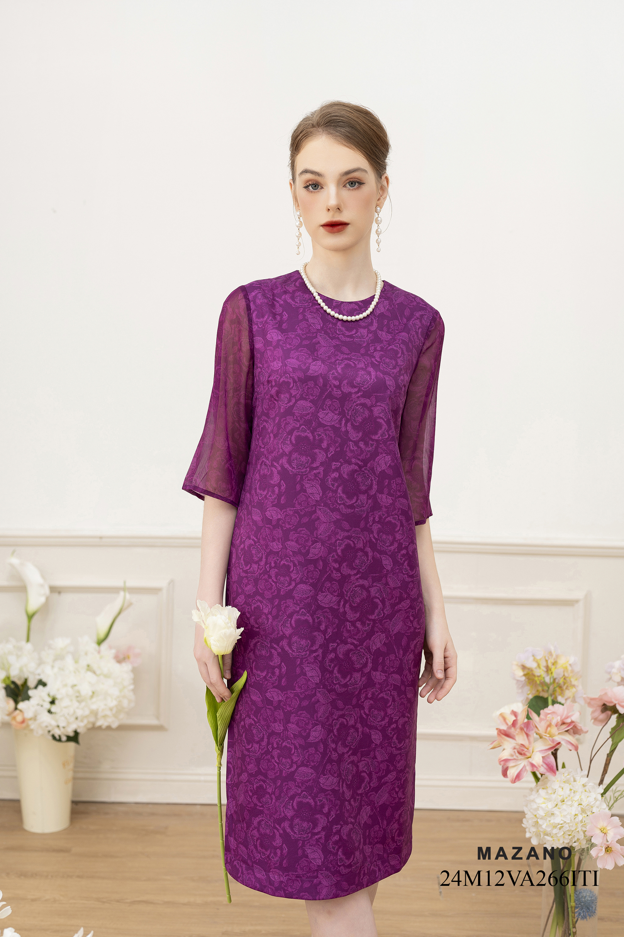 Váy Đầm suông Vải thô phối voan Hoạ tiết hoa trà cách điệu Cổ tròn Tay lỡ Dài đến bắp chân_thumbnail_4