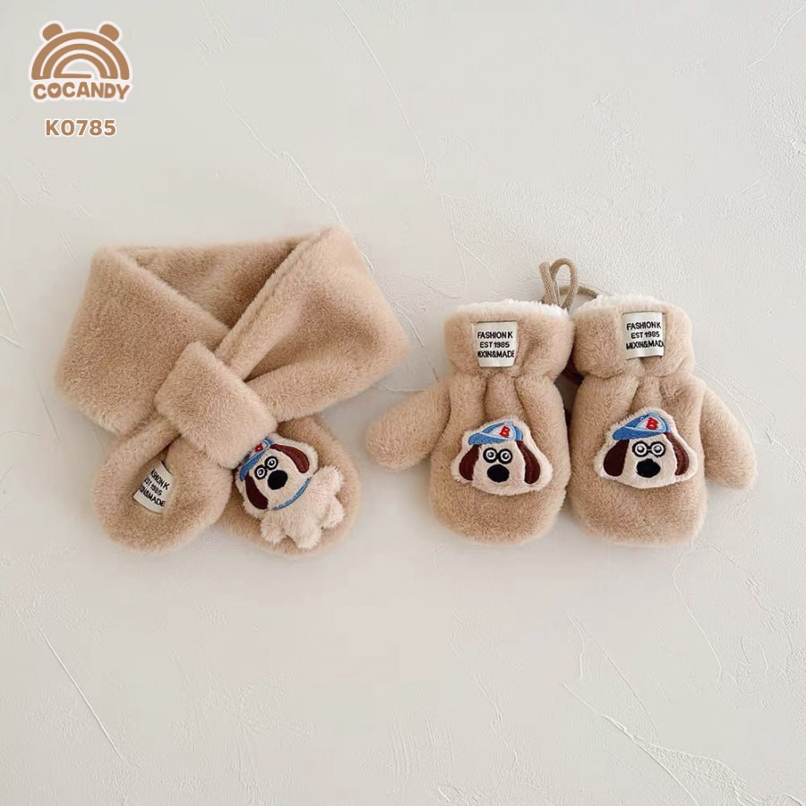 Sét nhập khăn + găng tay CÚN NÂU NHẠT