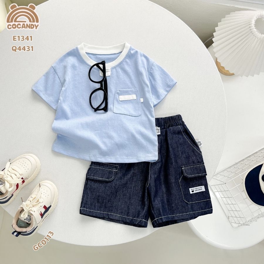 Áo cộc cotton XANH DƯƠNG túi ốp kiểu