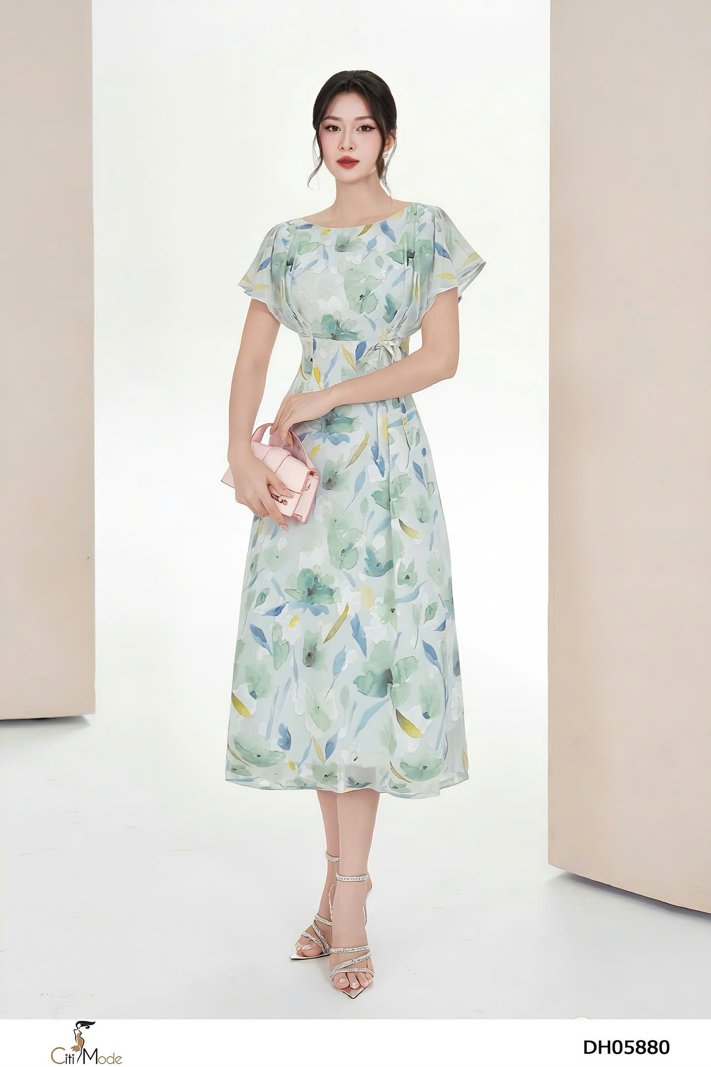 Đầm xòe liên hoa nổi 3D tay cách điệu đính nơ eo