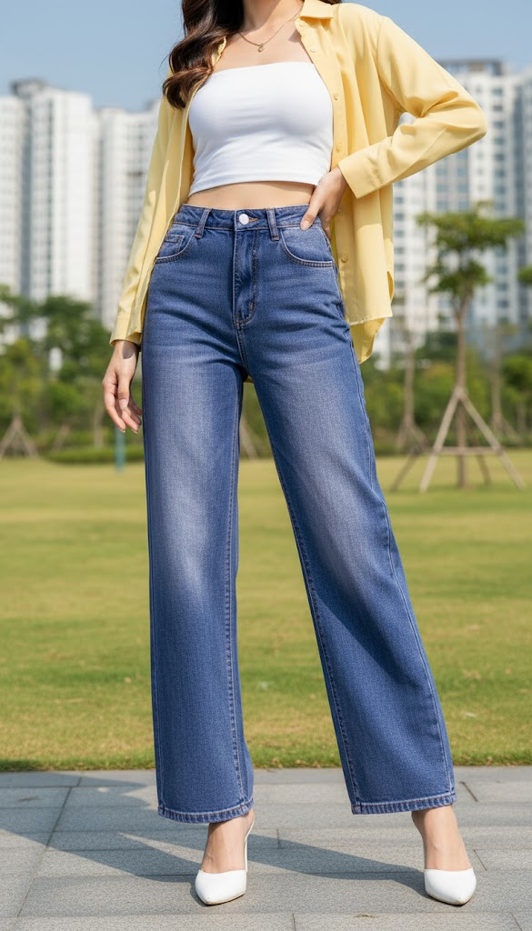 Quần Jean ống rộng Basic Túi trơn