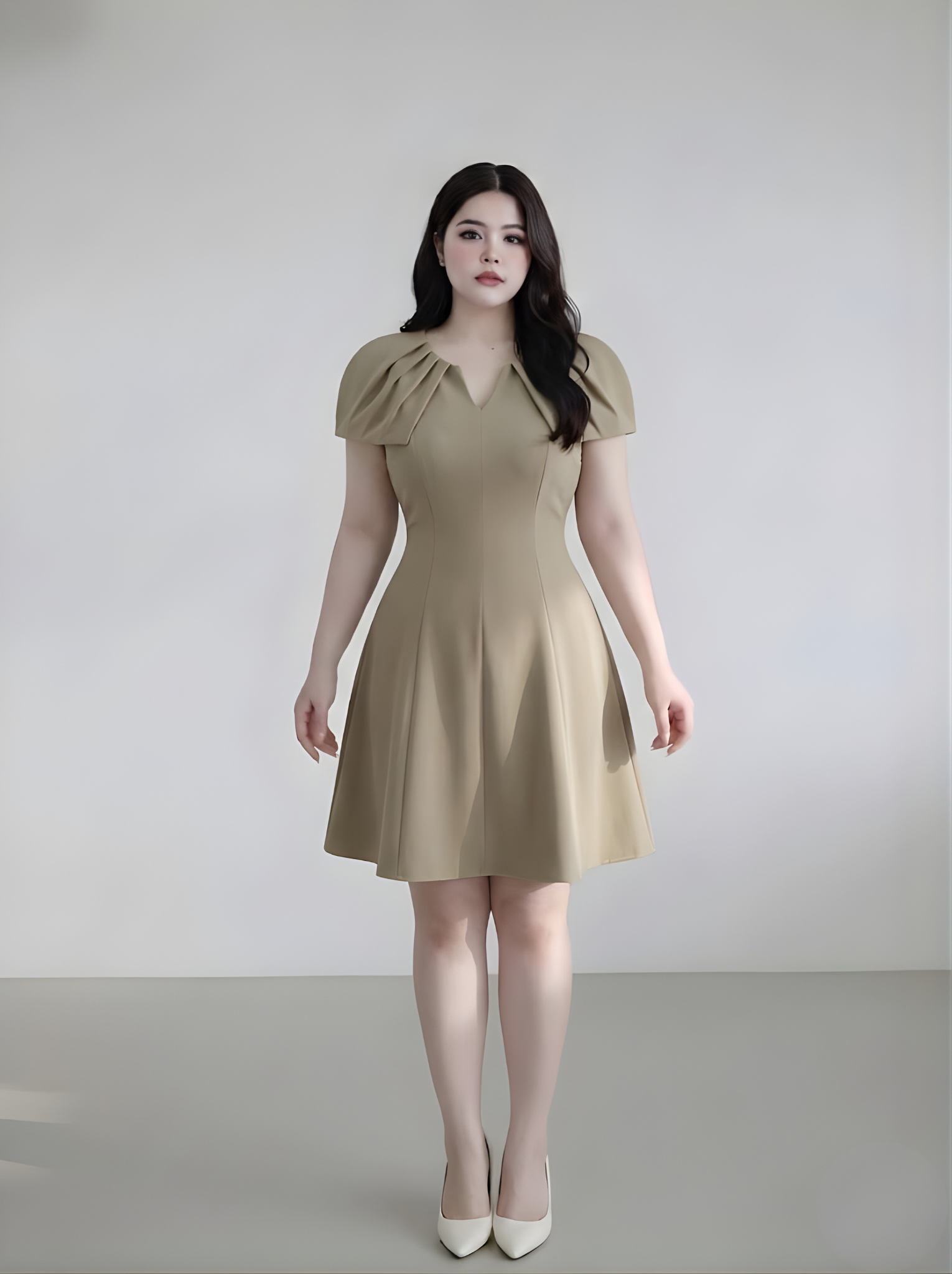 BIGSIZE - Đầm dáng A xếp ly vai tay V- DA192