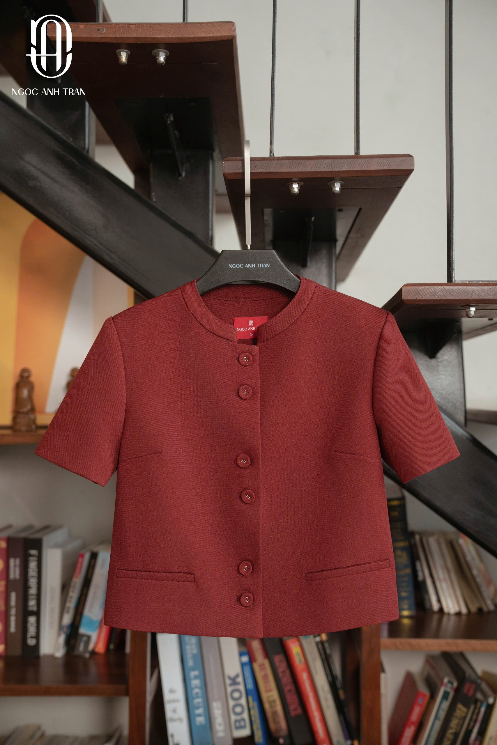 A259 - Áo đỏ cổ tàu cúc bọc