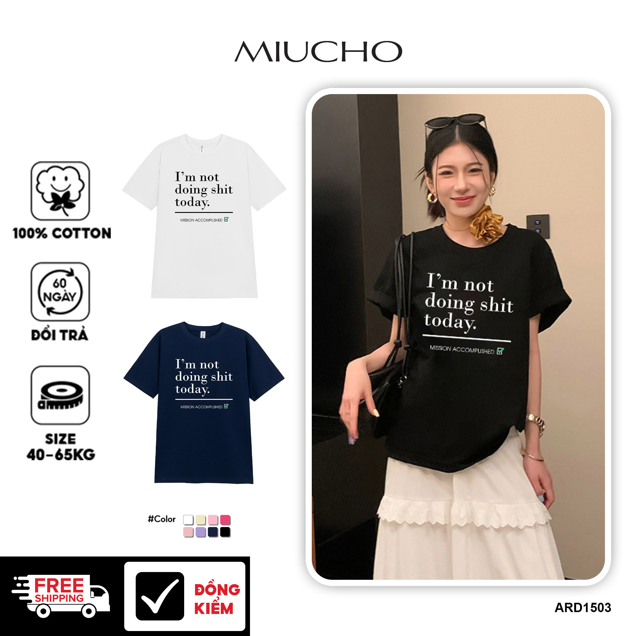 Áo thun nữ form vừa regular tôn dáng ARD1503 Miucho Chic vải cotton co giản cổ tròn in typography_thumbnail_1