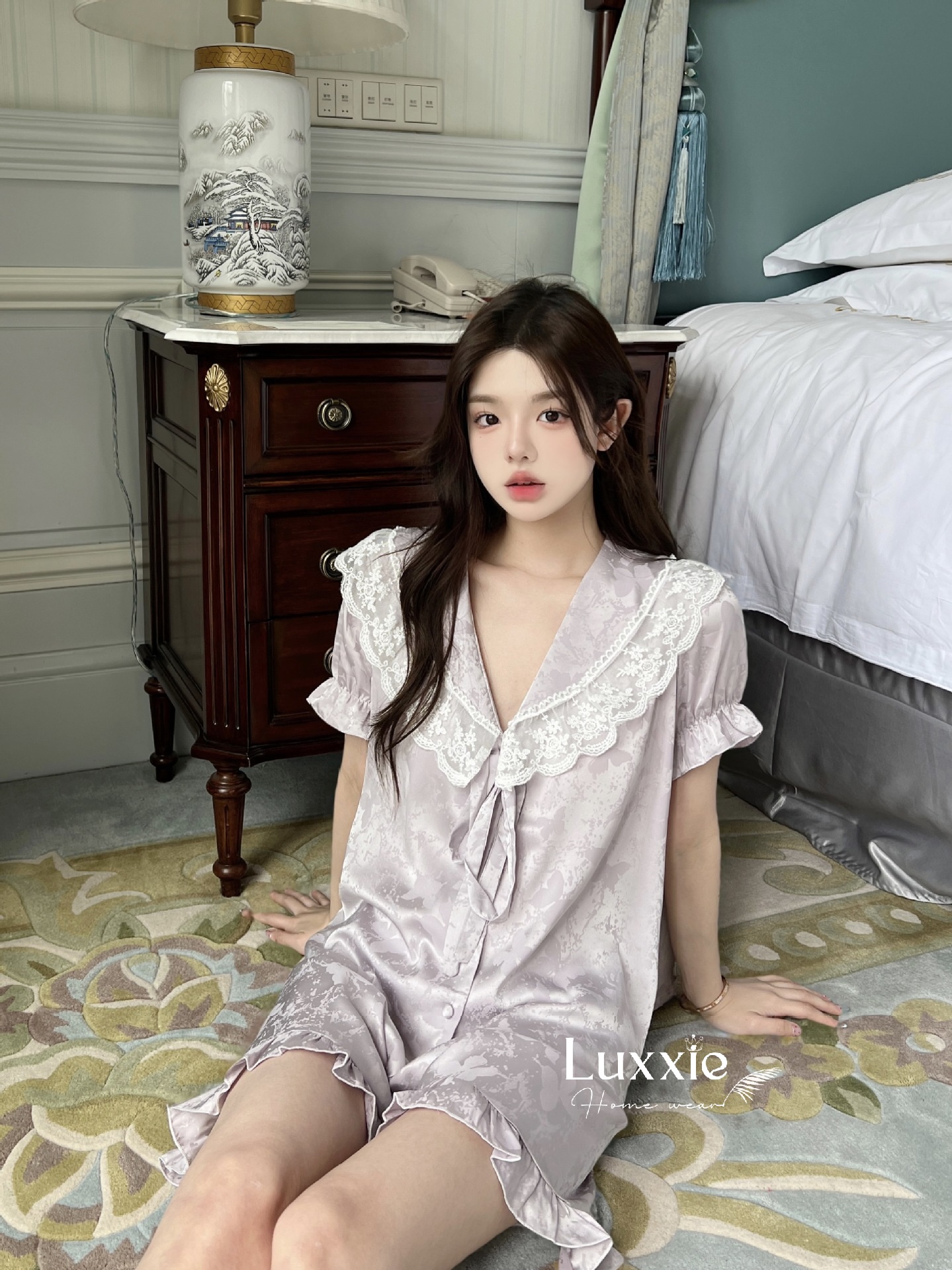 N108C Pijama lụa gấm hoa cổ ren trắng buộc nơ cộc đùi_thumbnail_13