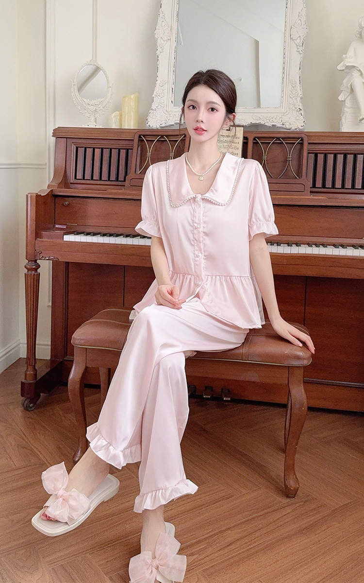 LECODAI01 Pijama lụa cổ viền ngọc trai cộc tay