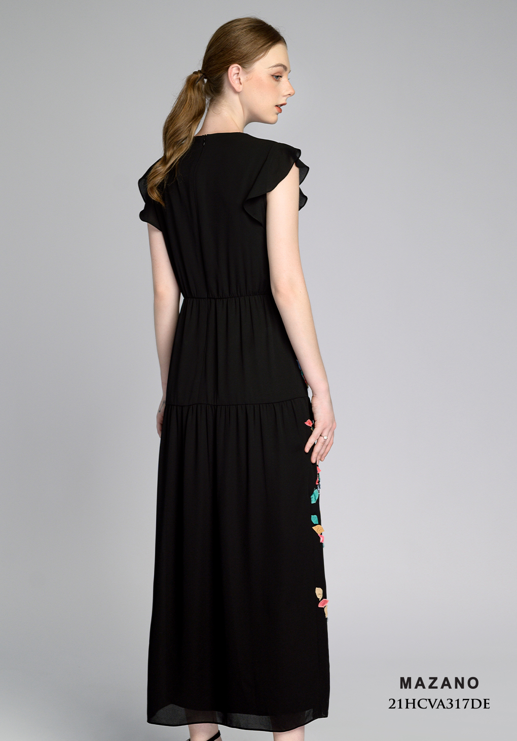 Váy Đầm suông Vải Voan Sạn Đính đắp họa tiết Cổ tròn Tay bèo ngắn Dài dưới bắp chân_thumbnail_2