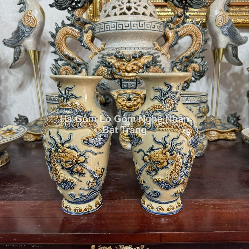 Đồ Thờ Cúng Lọ Hoa Men Hoàng Thổ - Lọ Lượn Chim Công Hoa Đào - Tài Lộc Phú Quý 28cm, 35cm Bát Tràng_thumbnail_3