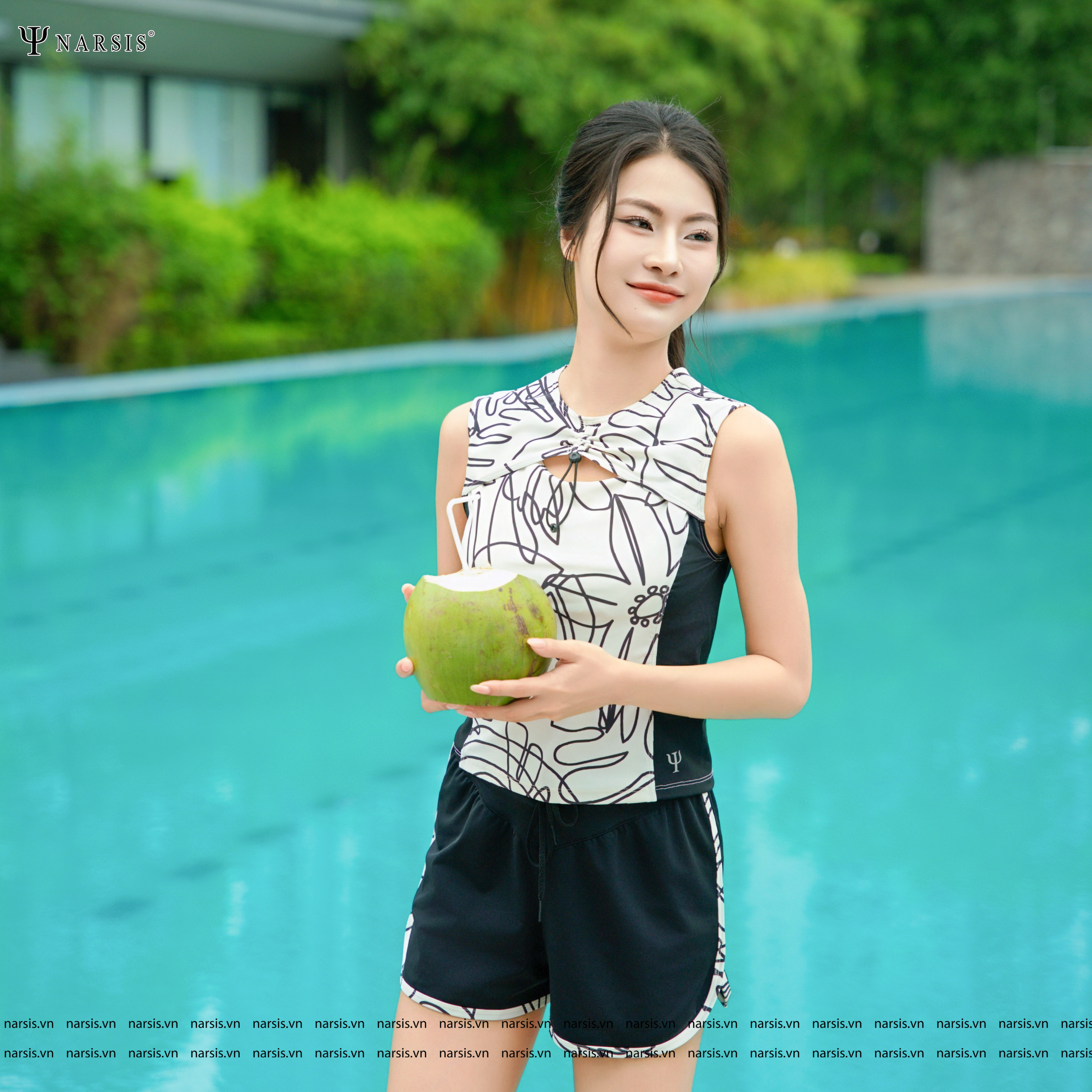 Set Bơi Nữ Áo Kèm Quần Đùi Chống Nắng Narsis, Đồ Bơi Thắt Eo Kèm Dây Rút Có Lót Không Giữ Nước A25005_thumbnail_2