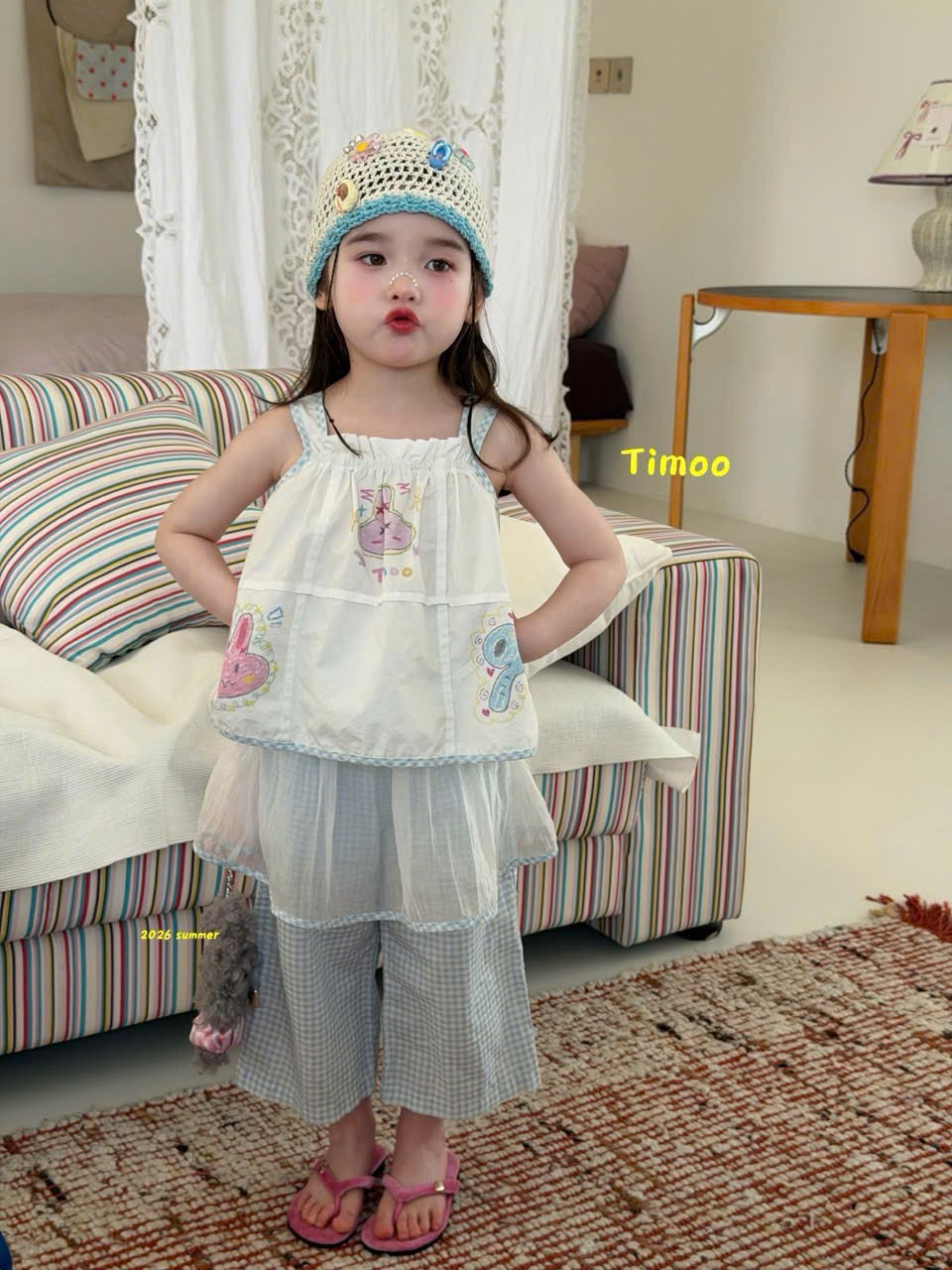 A112 - Áo 2 dây hình in thỏ hoạt hình phối lưới hãng Timoo