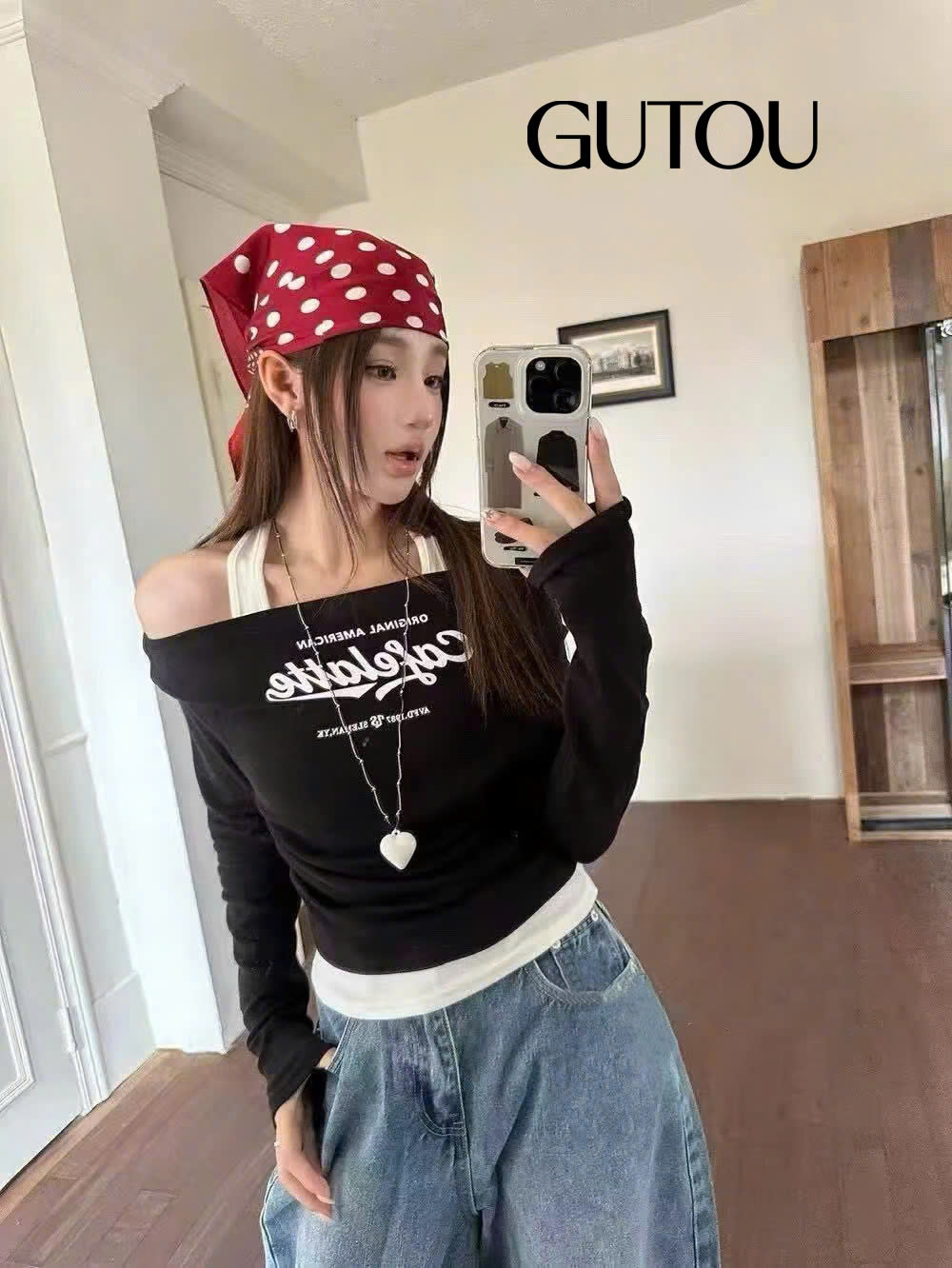 [ GUTOU ] Áo Trễ Vai Tay Dài Cafelatte