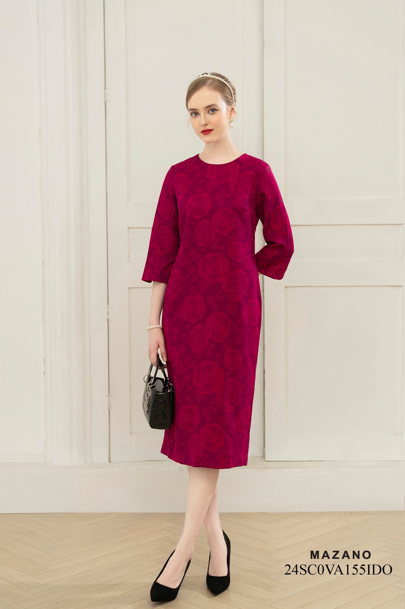 Váy Đầm Suông Vải thô dày Hoạ tiết hoa hồng in chìm Cổ tròn Tay lỡ Dài đến bắp chân_thumbnail_2