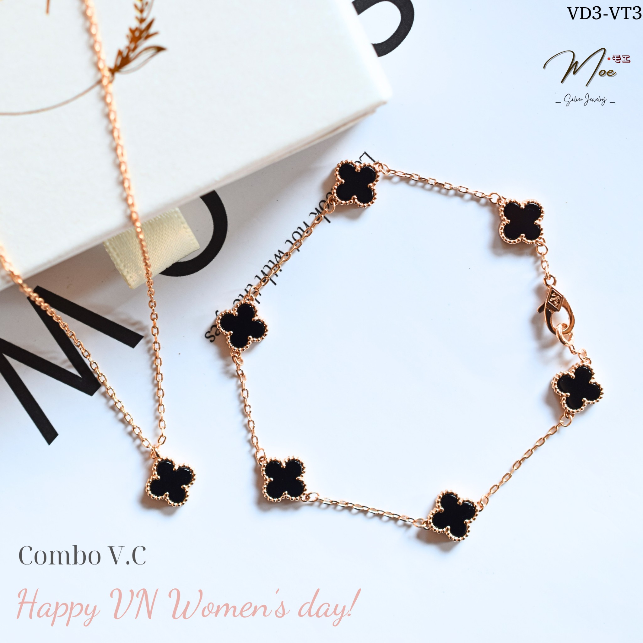 VD3 - VCA Dây chuyền đen 9mm xi vàng hồng